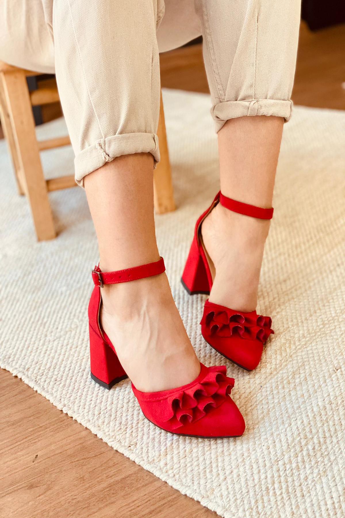 Y122 Kırmızı Süet Topuklu Ayakkabı