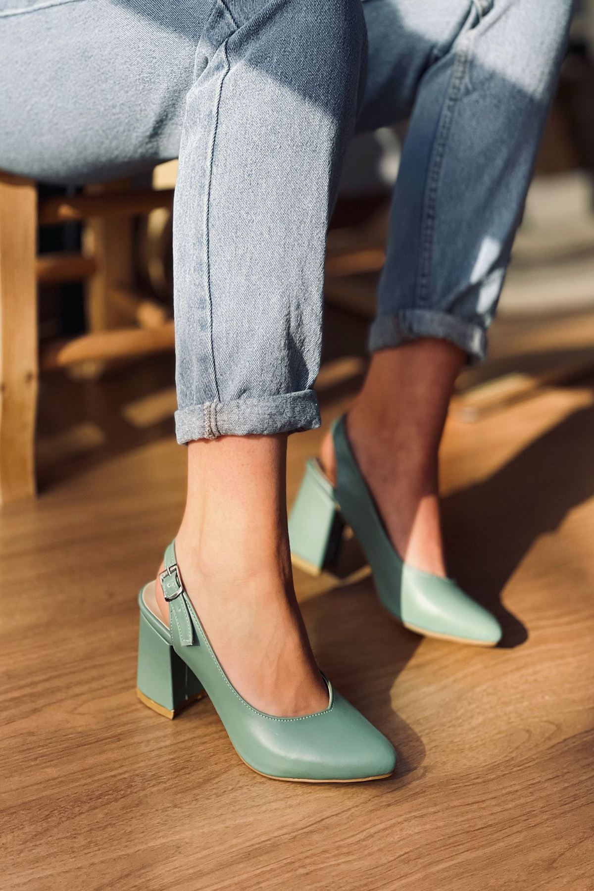 Mida Shoes Y101 Mint Yeşili Deri Topuklu Ayakkabı