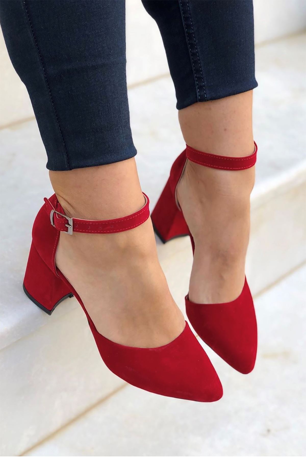 Mida Shoes Y102 Kırmızı Süet Topuklu Ayakkabı