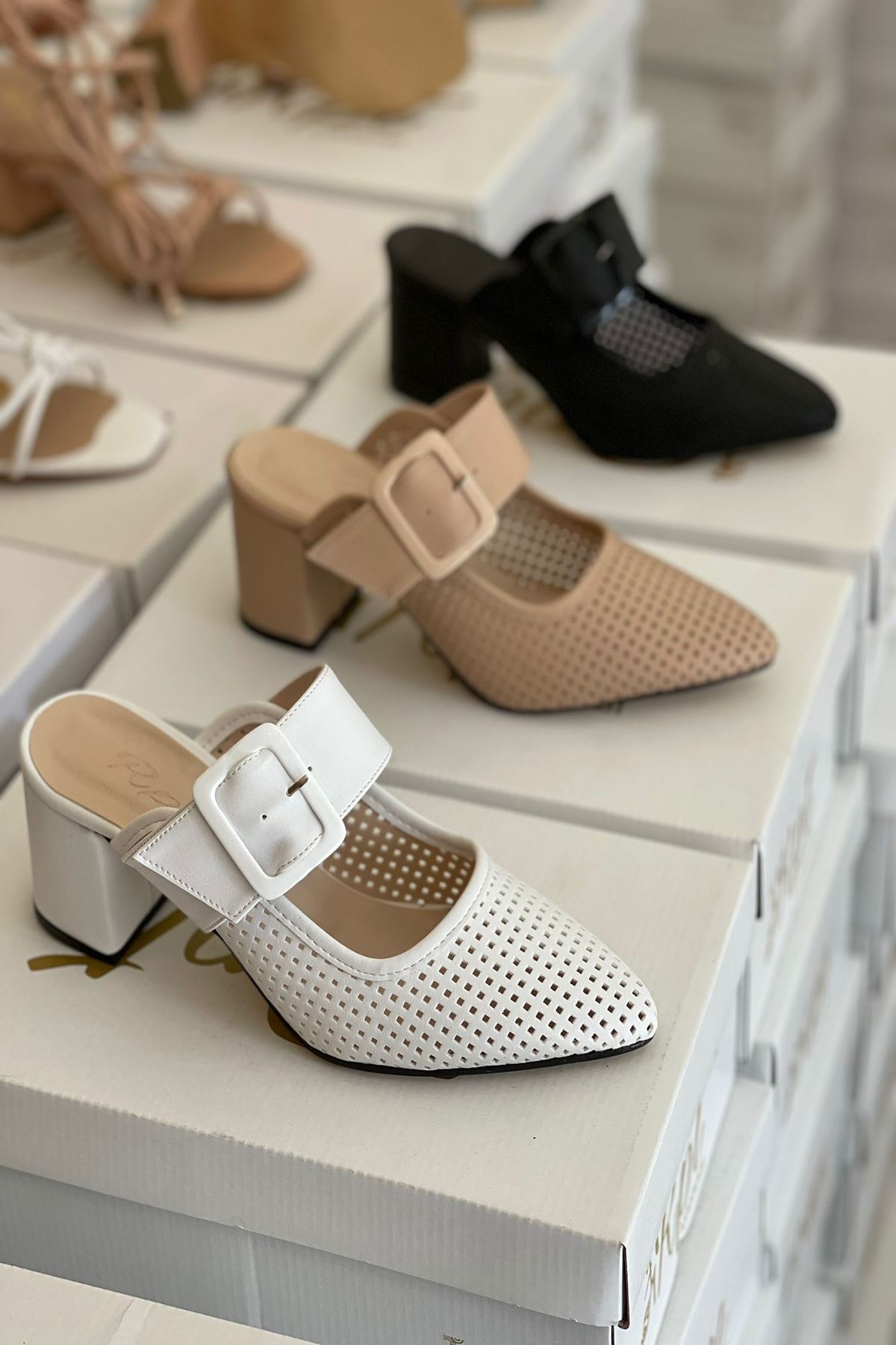 Mida Shoes YLAZY Beyaz Deri Lazer Kesim Hava Alan Topuklu Ayakkabı