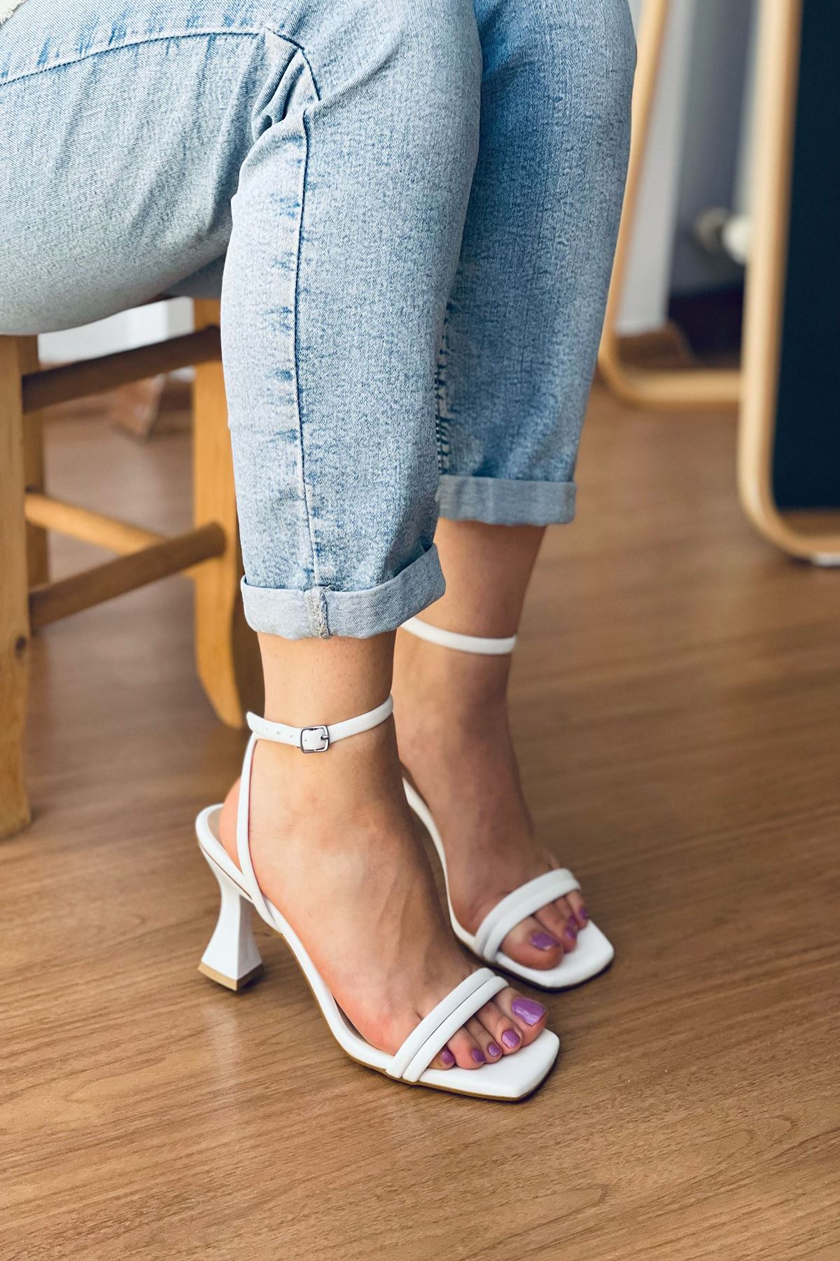 Mida Shoes YBERRY Beyaz Deri Çift Bantlı Yazlık Kadın Topuklu Ayakkabı