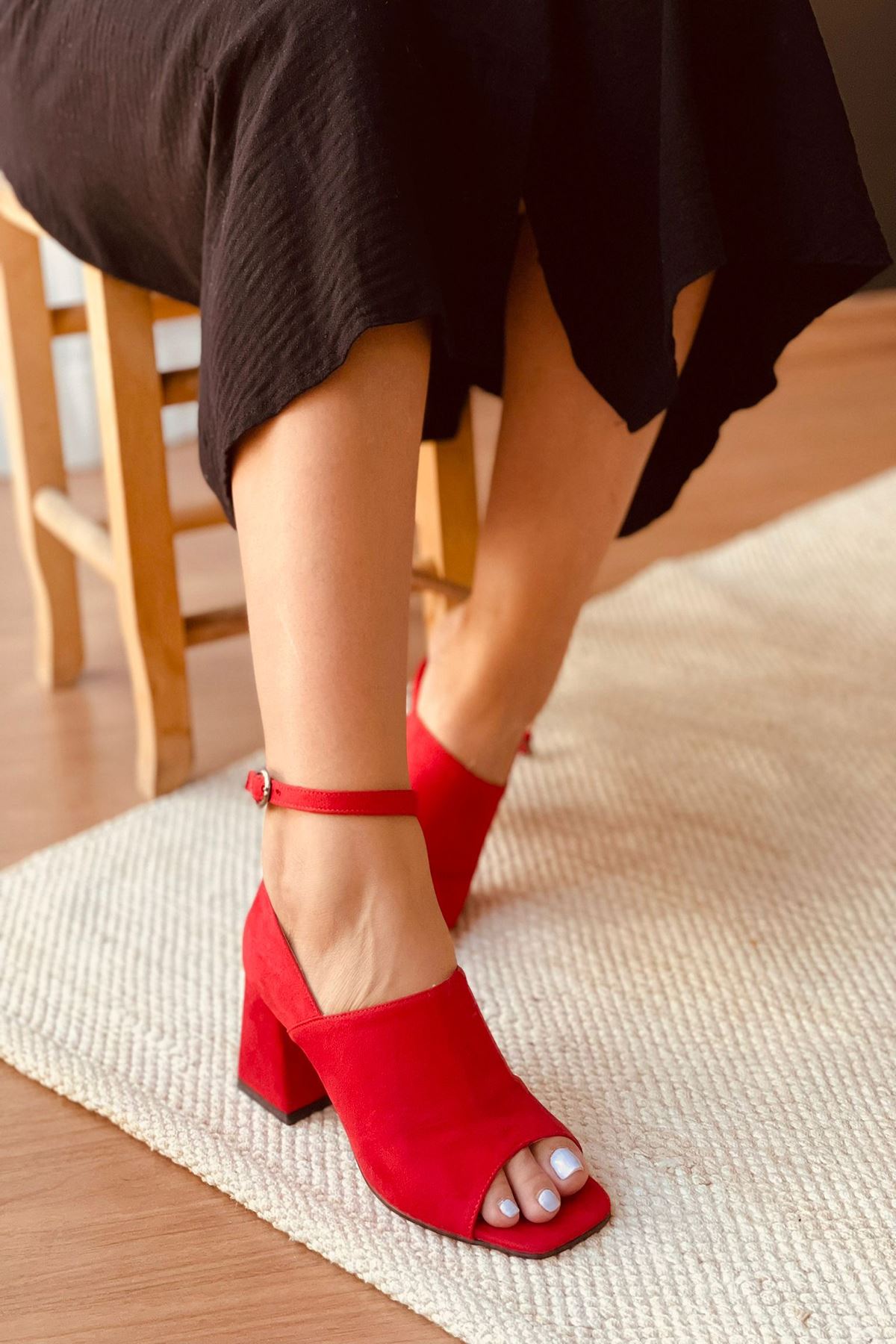 Mida Shoes Y706 Kırmızı Süet Topuklu Ayakkabı