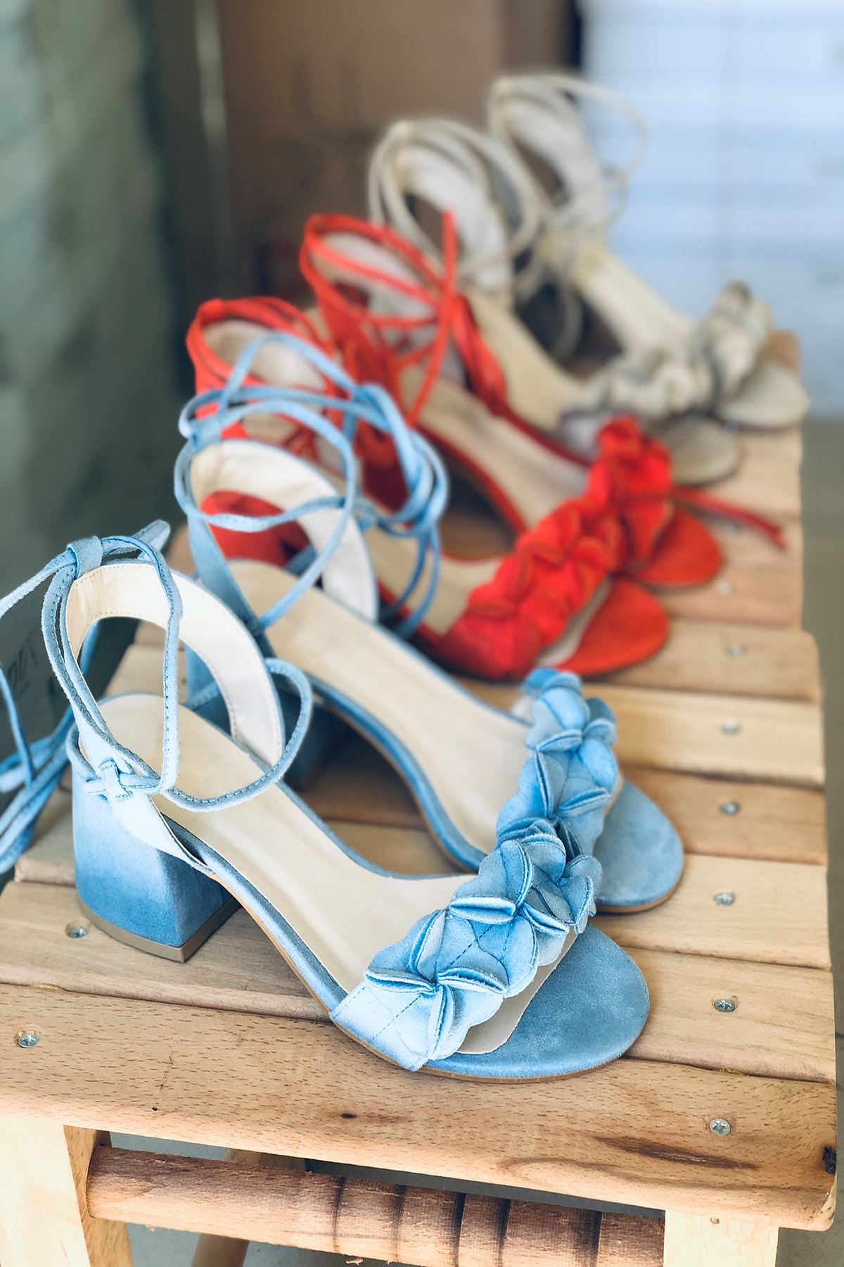 Mida Shoes Y501 Bebe Mavi Süet Çiçekli Topuklu Ayakkabı
