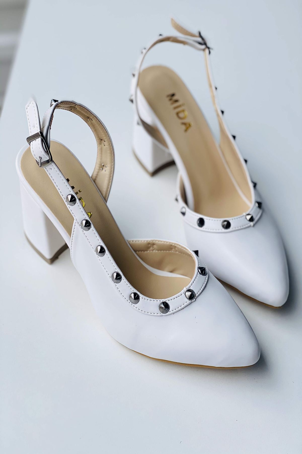 Mida Shoes Y124 Beyaz Deri Topuklu Ayakkabı