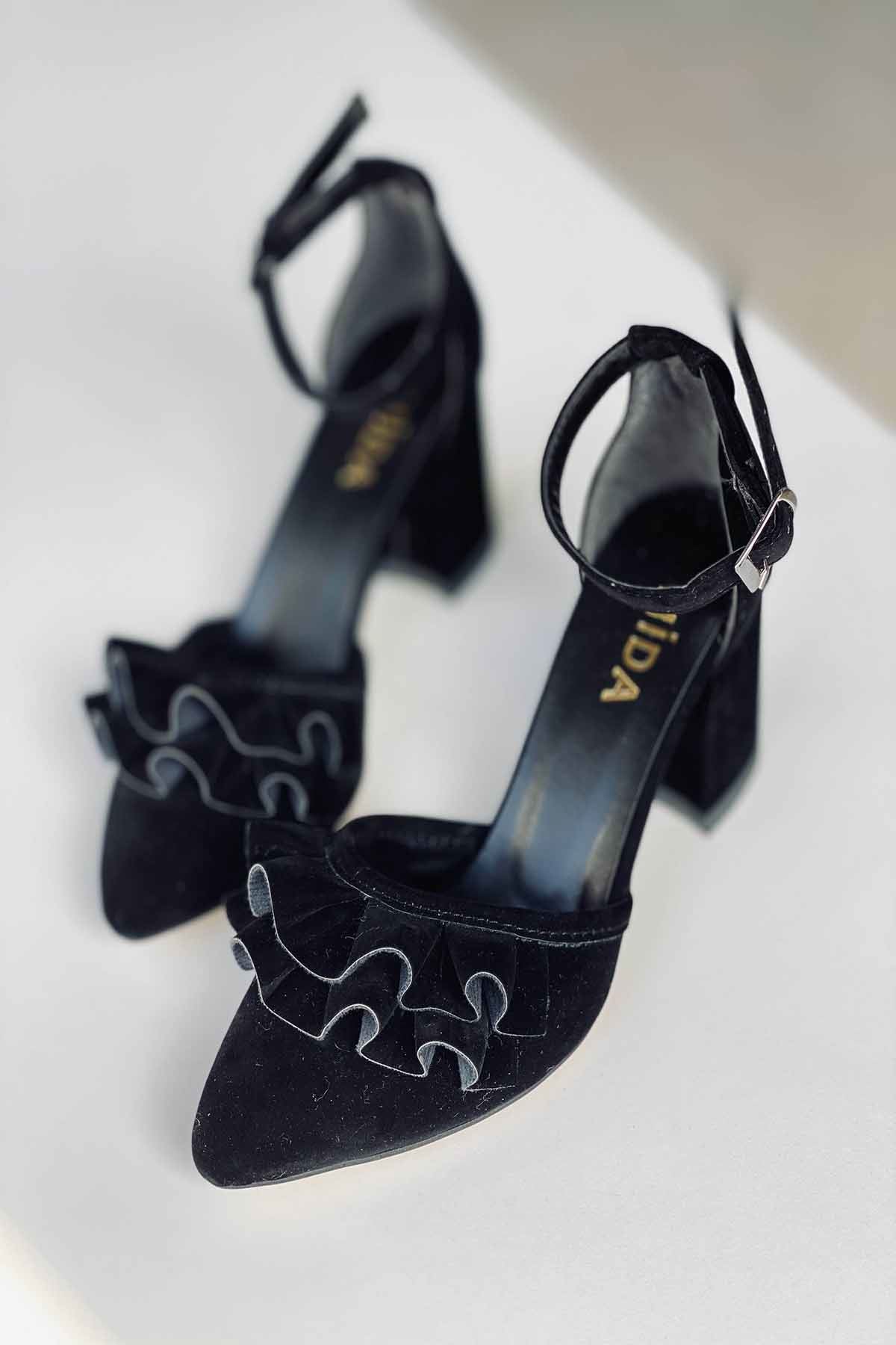 Mida Shoes Y122 Siyah Süet Topuklu Ayakkabı