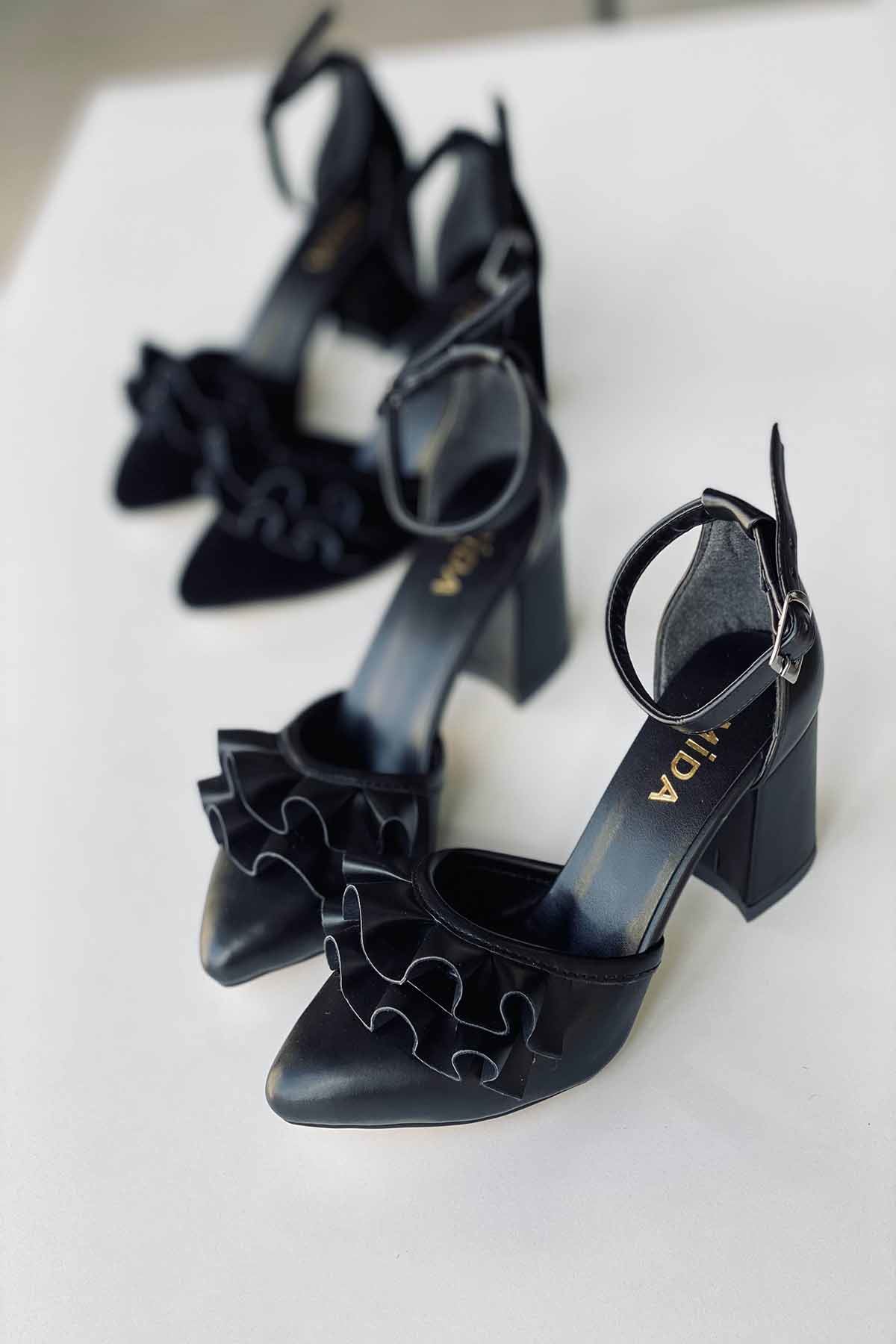 Mida Shoes Y122 Siyah Deri Topuklu Ayakkabı