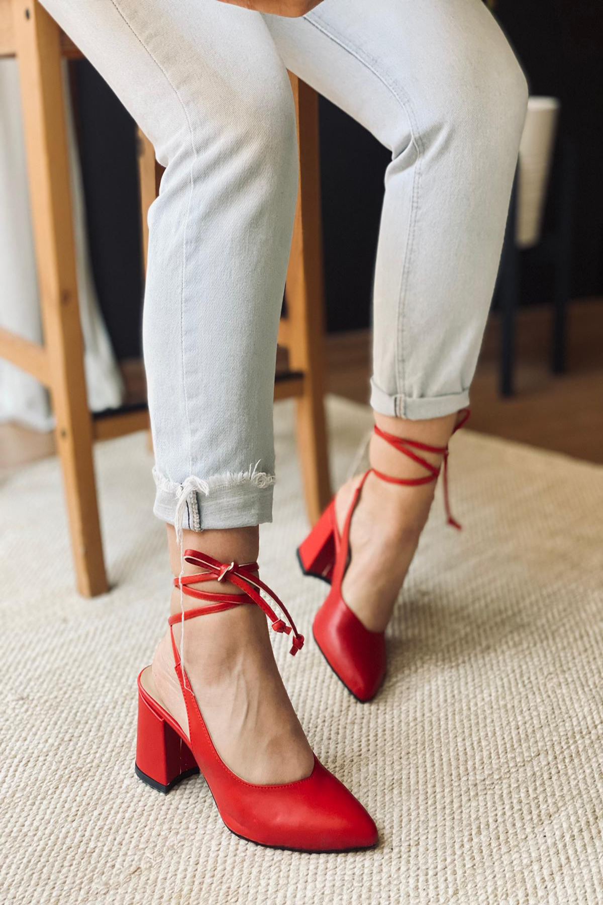 Mida Shoes Y114 Kırmızı Deri Topuklu Ayakkabı
