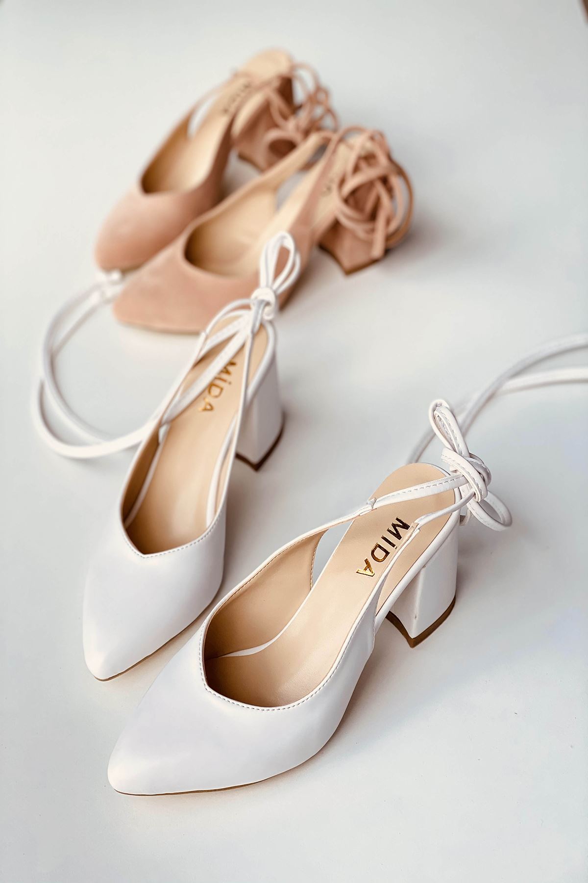 Mida Shoes Y114 Beyaz Deri Topuklu Ayakkabı