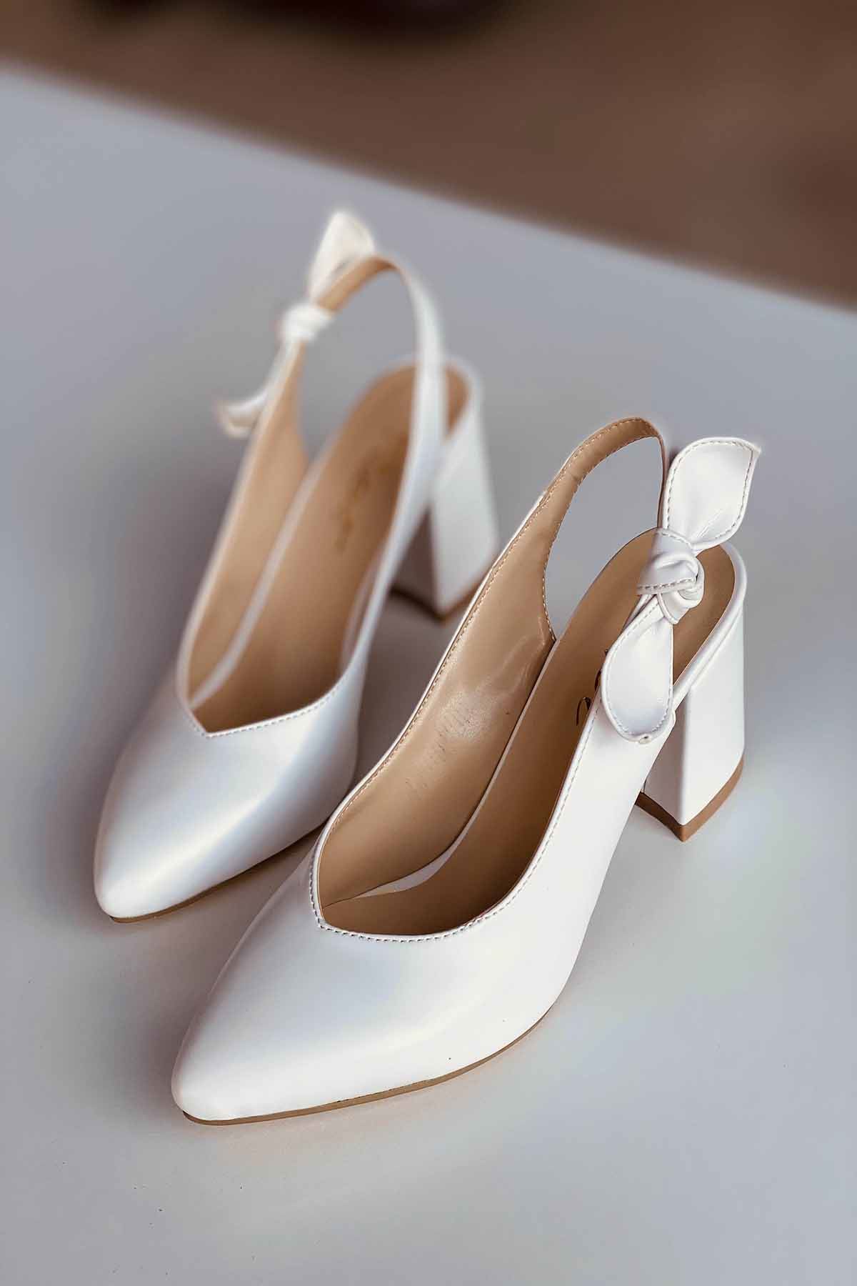 Mida Shoes Y109 Beyaz Deri Topuklu Ayakkabı