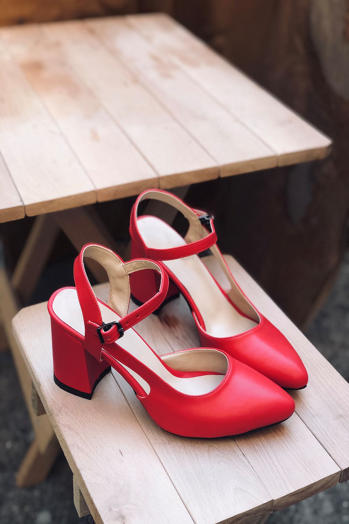 Mida Shoes Y104 Kırmızı Deri Topuklu Ayakkabı
