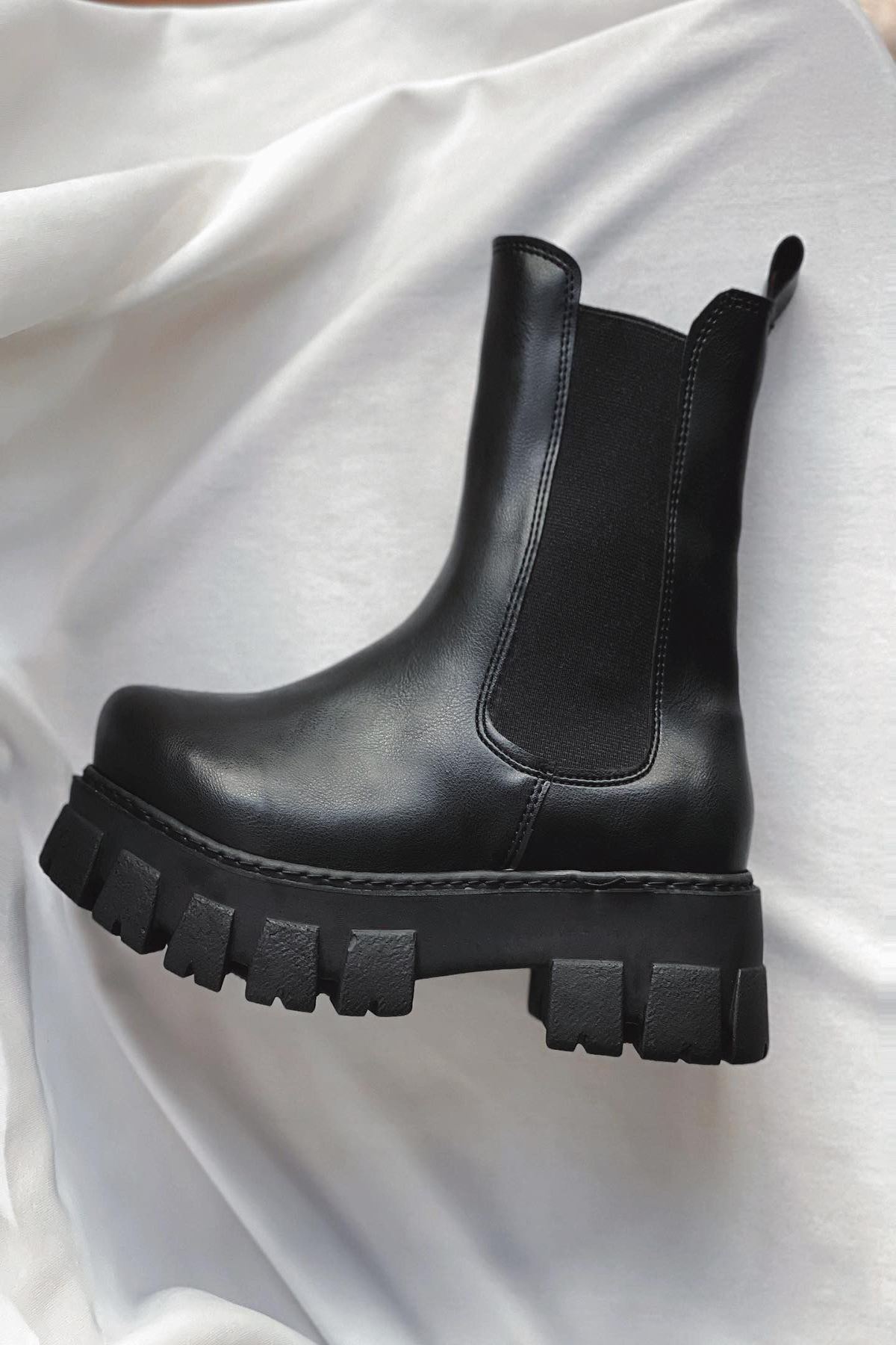 Mida Shoes Floki Siyah Deri Lastikli Kadın Çizme