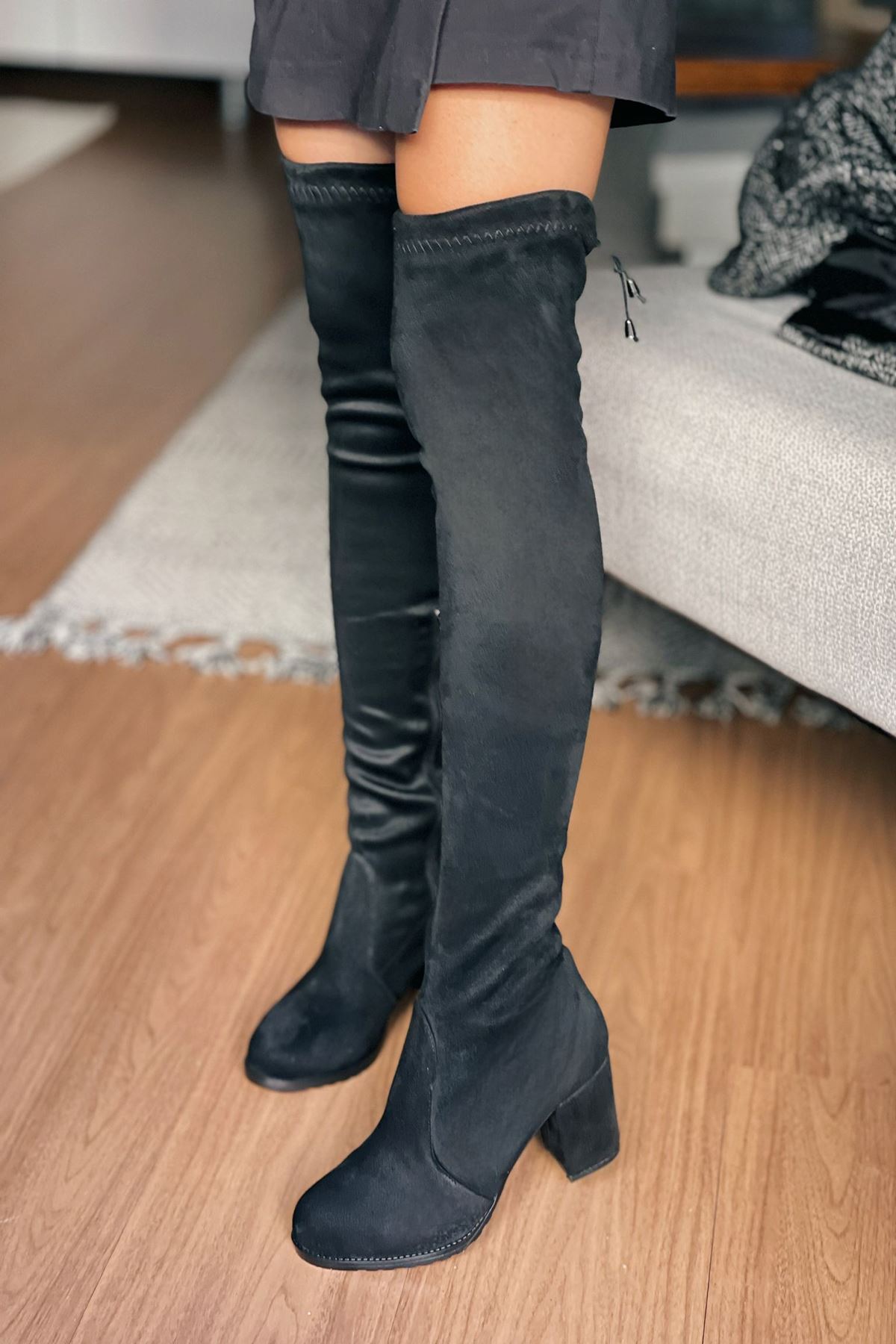 Mida Shoes Siyah Diz Üstü Çorap Kadın Çizme