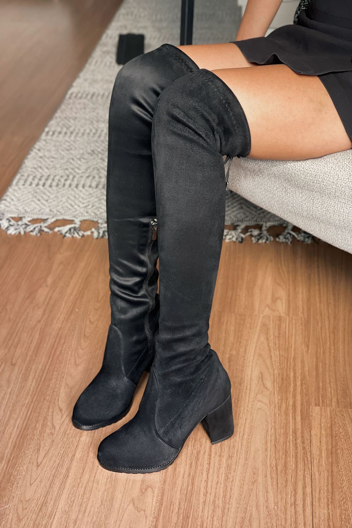 Mida Shoes Siyah Diz Üstü Çorap Kadın Çizme