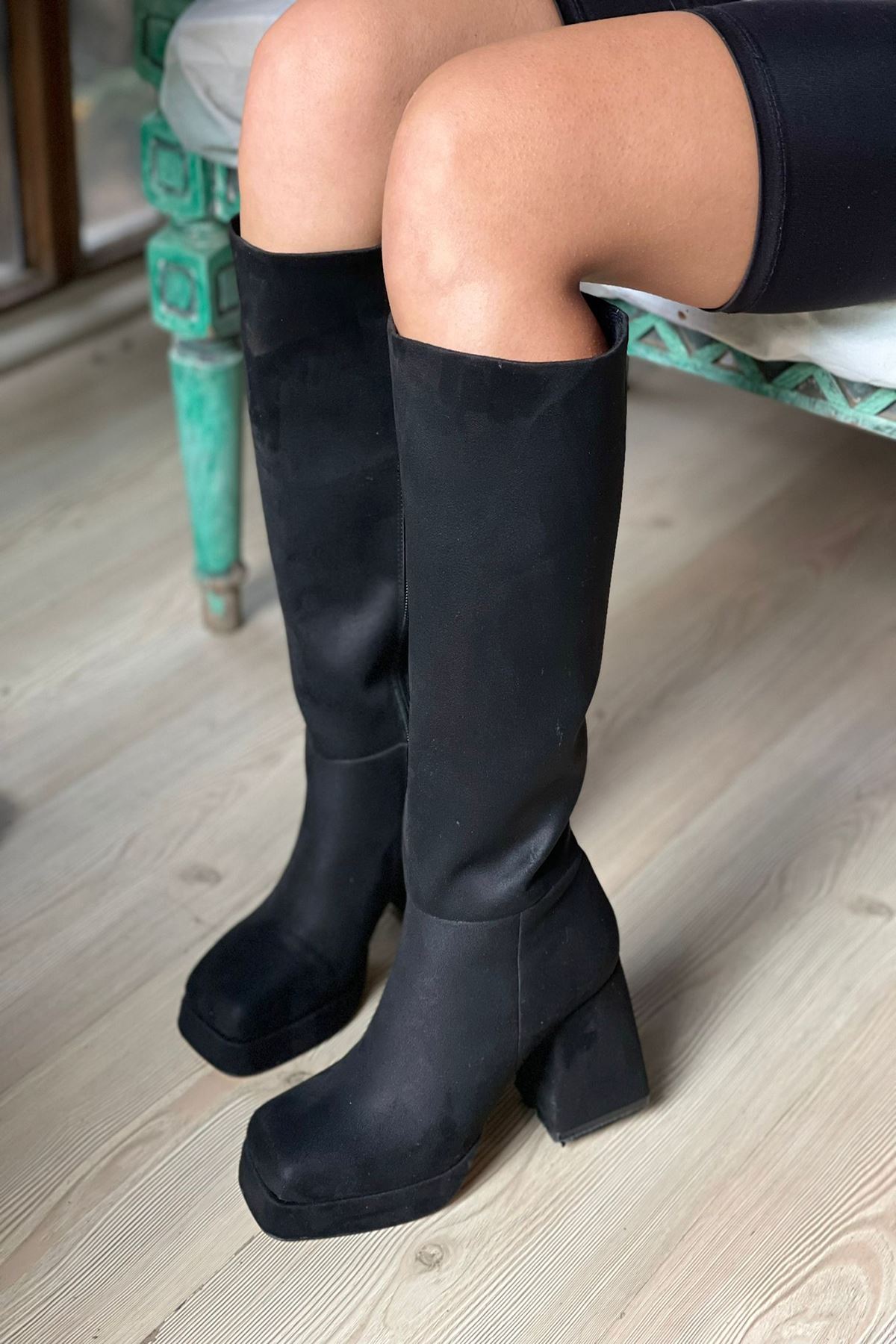 Mida Shoes Gigi Siyah Süet Diz Altı Kadın Topuklu Çizme