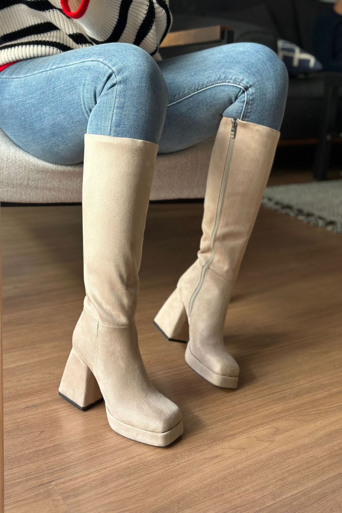 Mida Shoes Gigi Ten Süet Diz Altı Kadın Topuklu Çizme