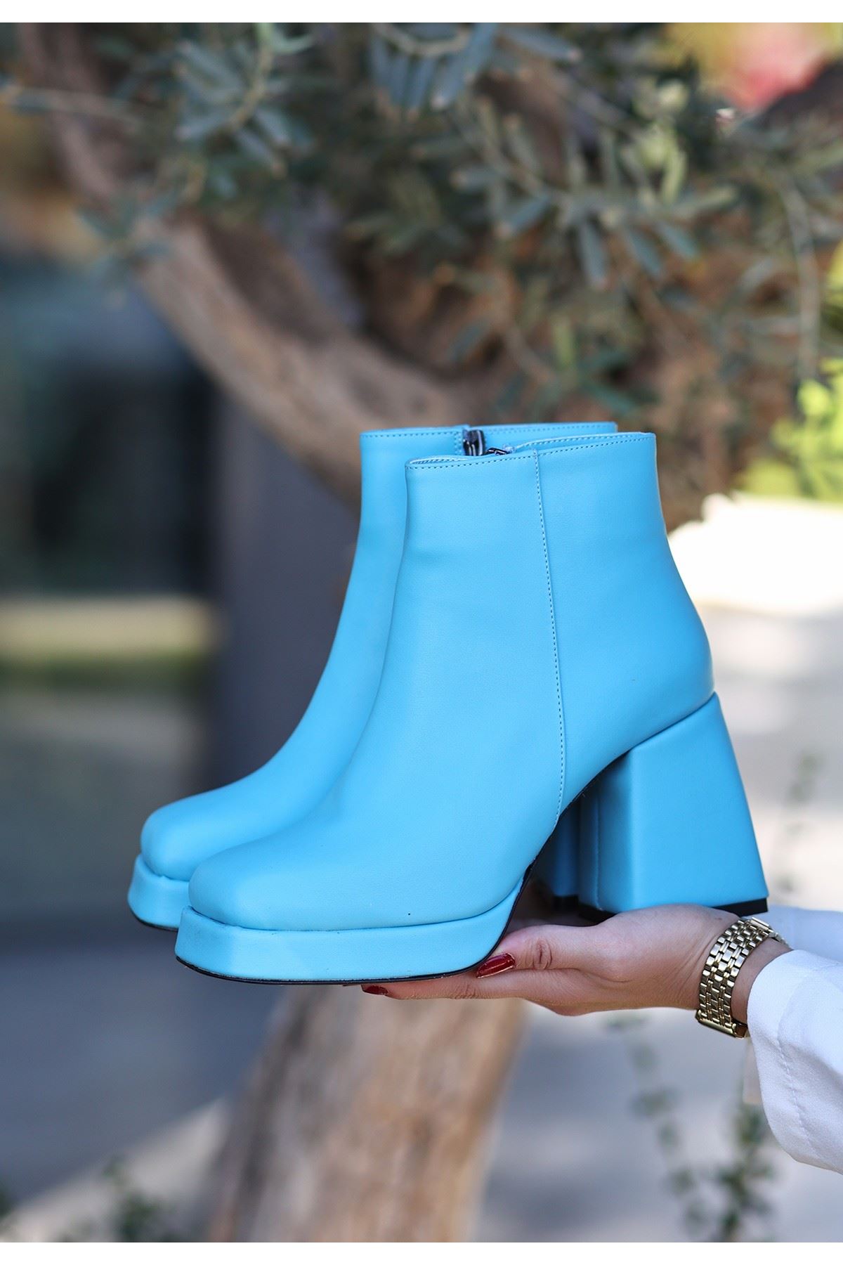 Mida Shoes Afag Mavi Deri Topuklu Kadın Bot