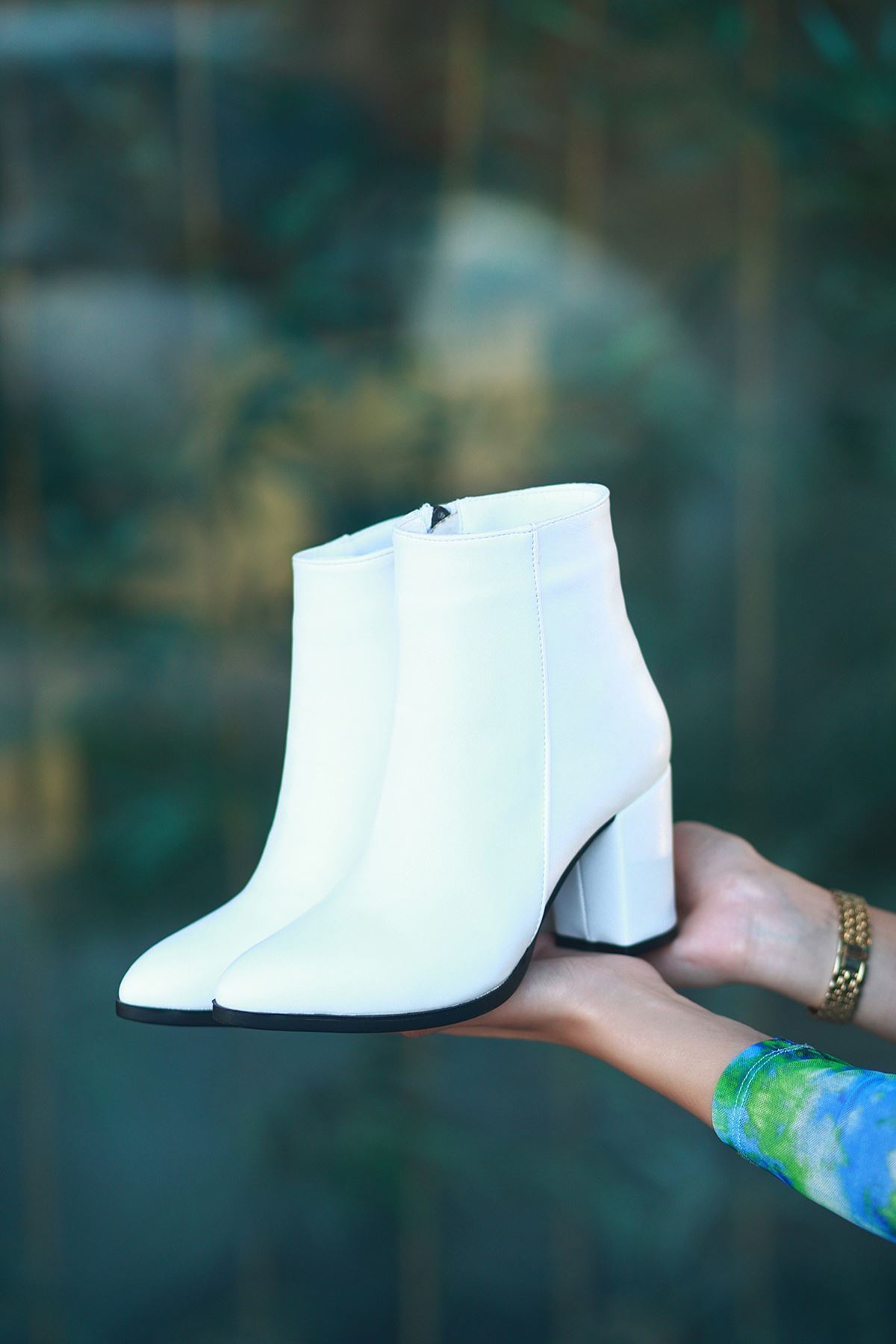 Mida Shoes Biya Beyaz Deri Topuklu Kadın Bot