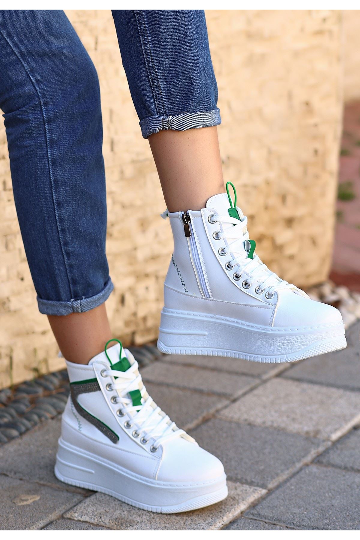 Mida Shoes Hadle Beyaz Yeşil Deri Detaylı Bağcıklı Bot