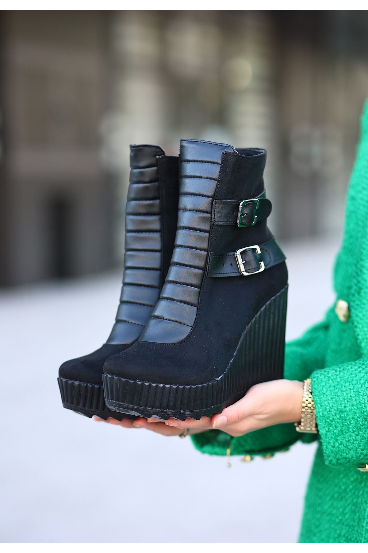 Mida Shoes JEİLA Siyah Süet Bağcıklı Detaylı Kadın Kar Botu