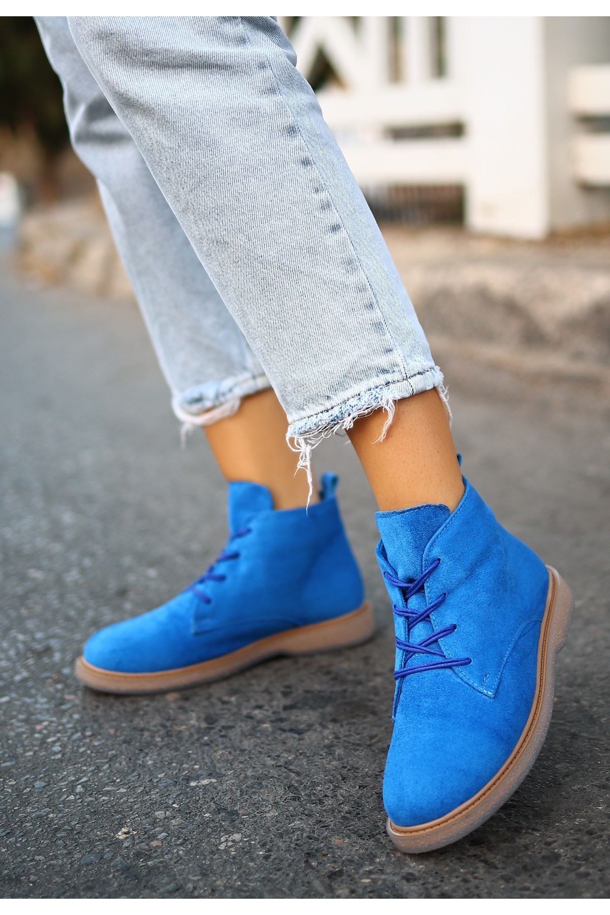 Mida Shoes Kean Mavi Süet Bağcıklı Kadın Bot