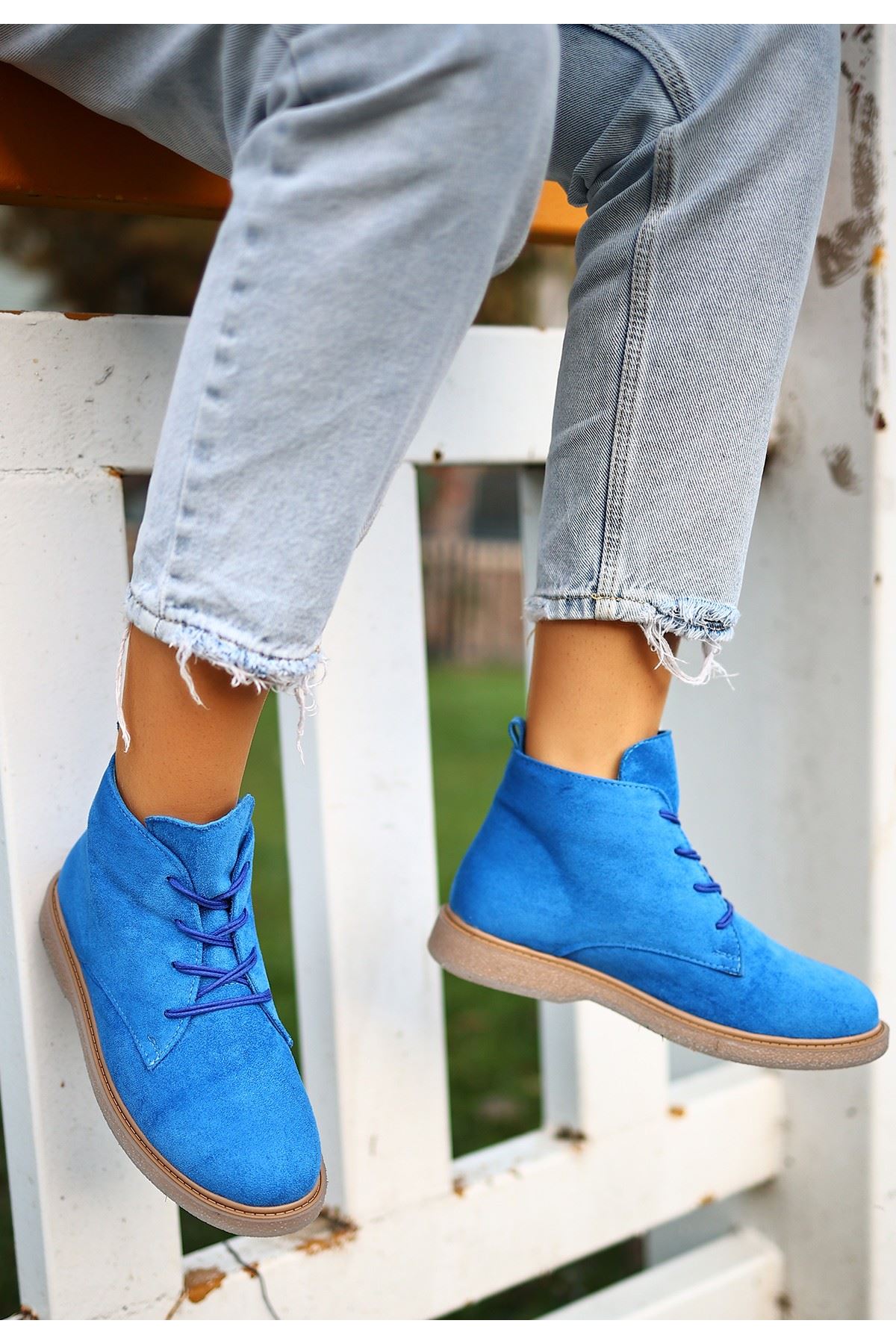 Mida Shoes Kean Mavi Süet Bağcıklı Kadın Bot