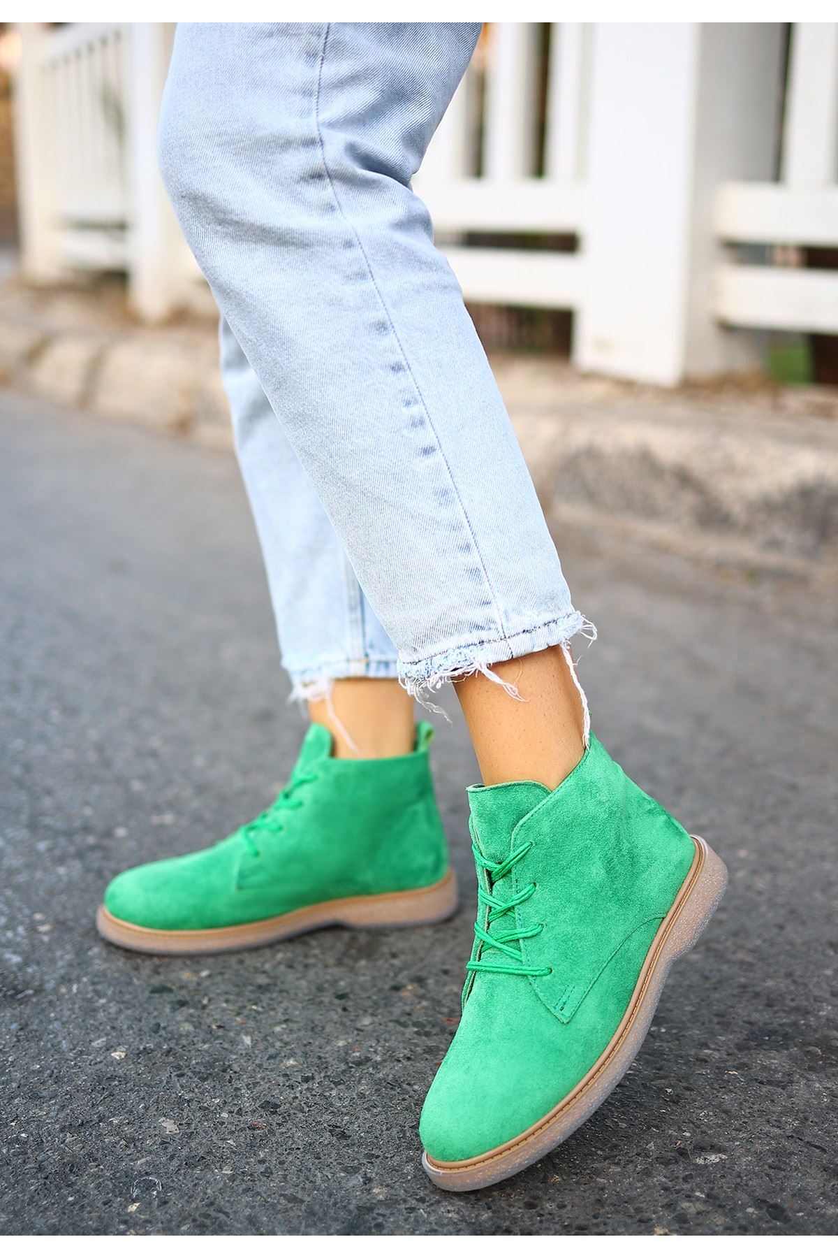 Mida Shoes Kean Yeşil Süet Bağcıklı Kadın Bot