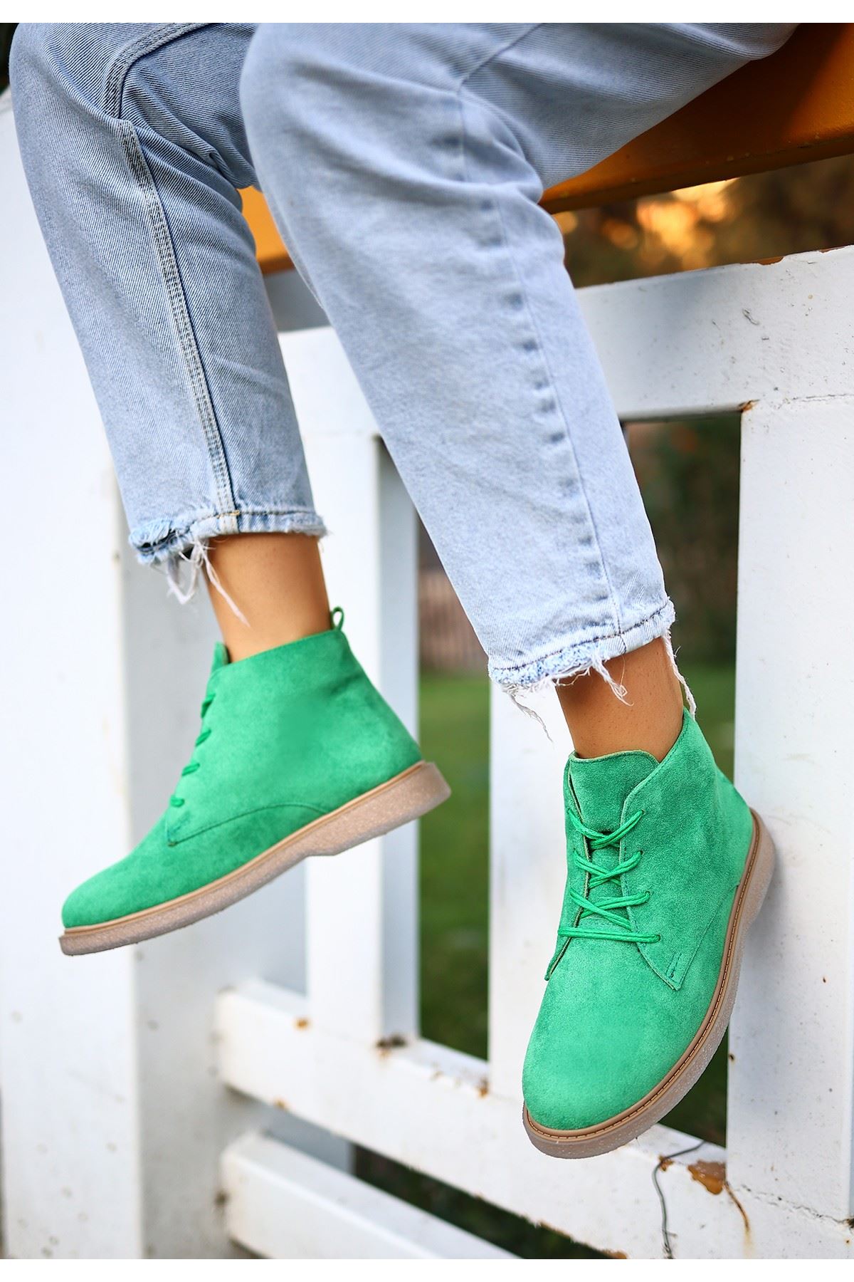 Mida Shoes Kean Yeşil Süet Bağcıklı Kadın Bot