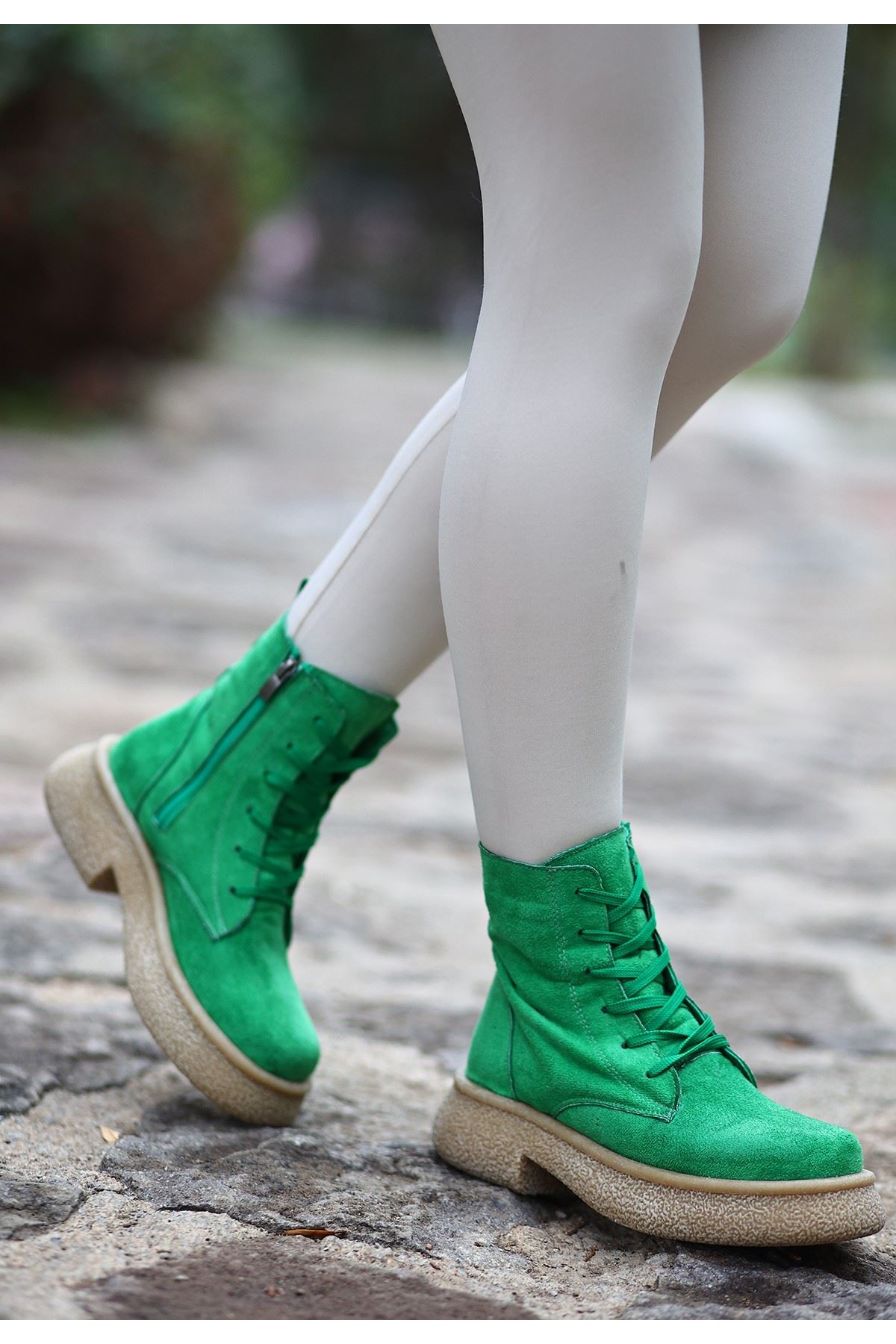 Mida Shoes Resi Yeşil Süet Bağcıklı Kadın Bot