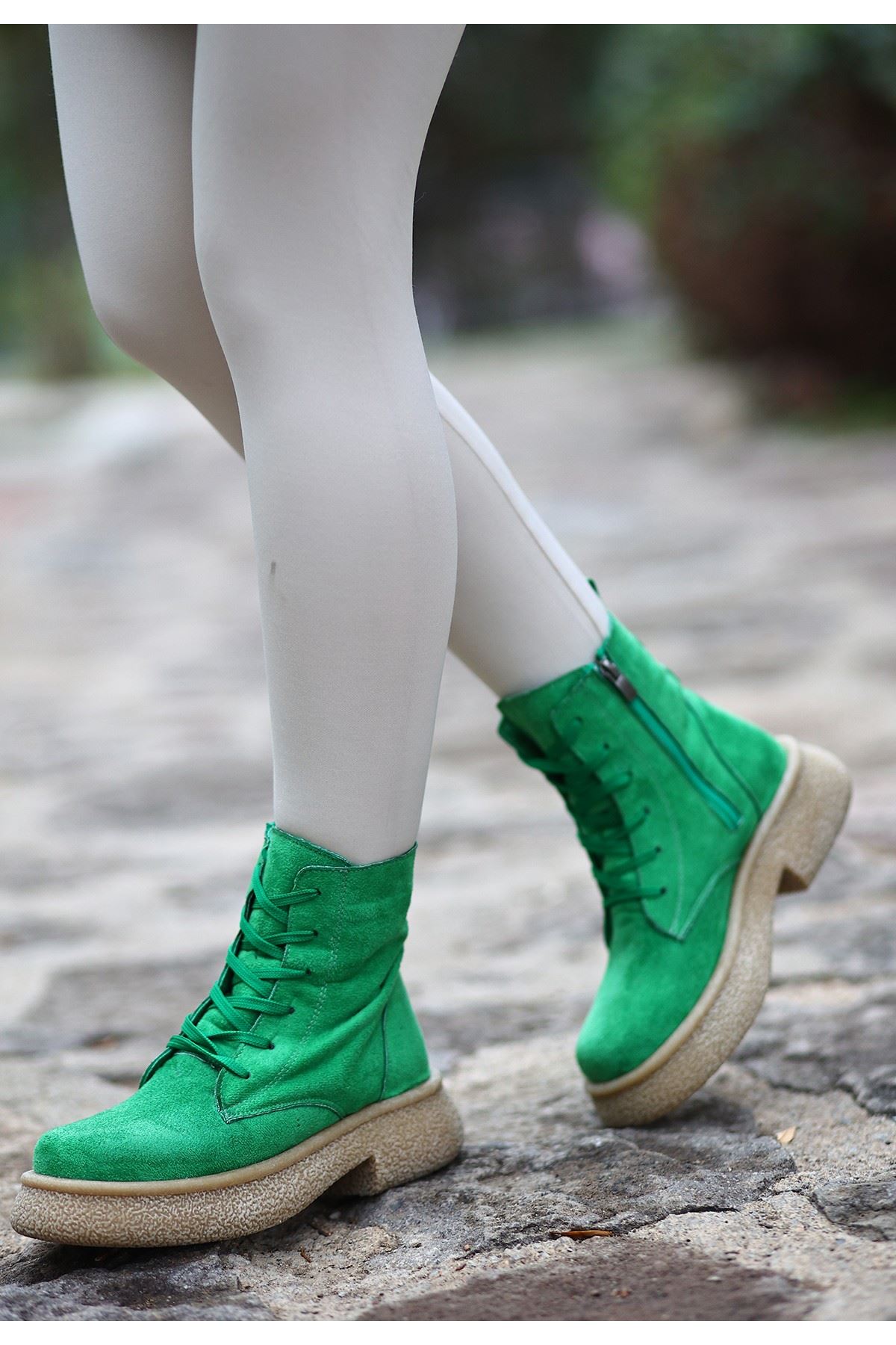 Mida Shoes Resi Yeşil Süet Bağcıklı Kadın Bot