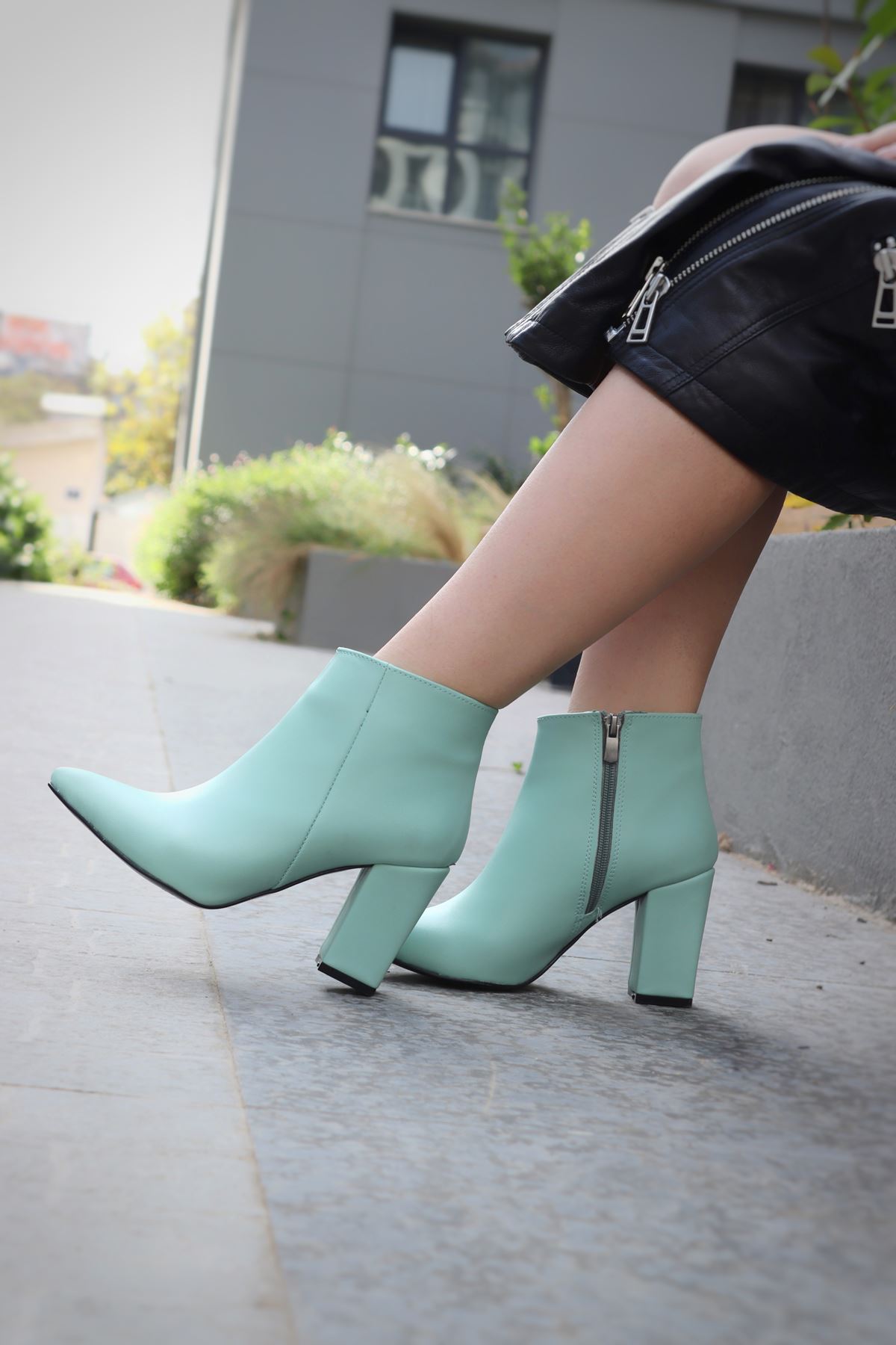 Mida Shoes Tion Mint Yeşili Deri Kadın Topuklu Bot