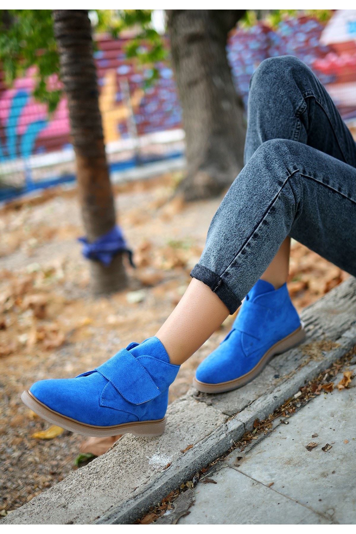 Mida Shoes Zeon Mavi Süet Bağcıklı Kadın Bot