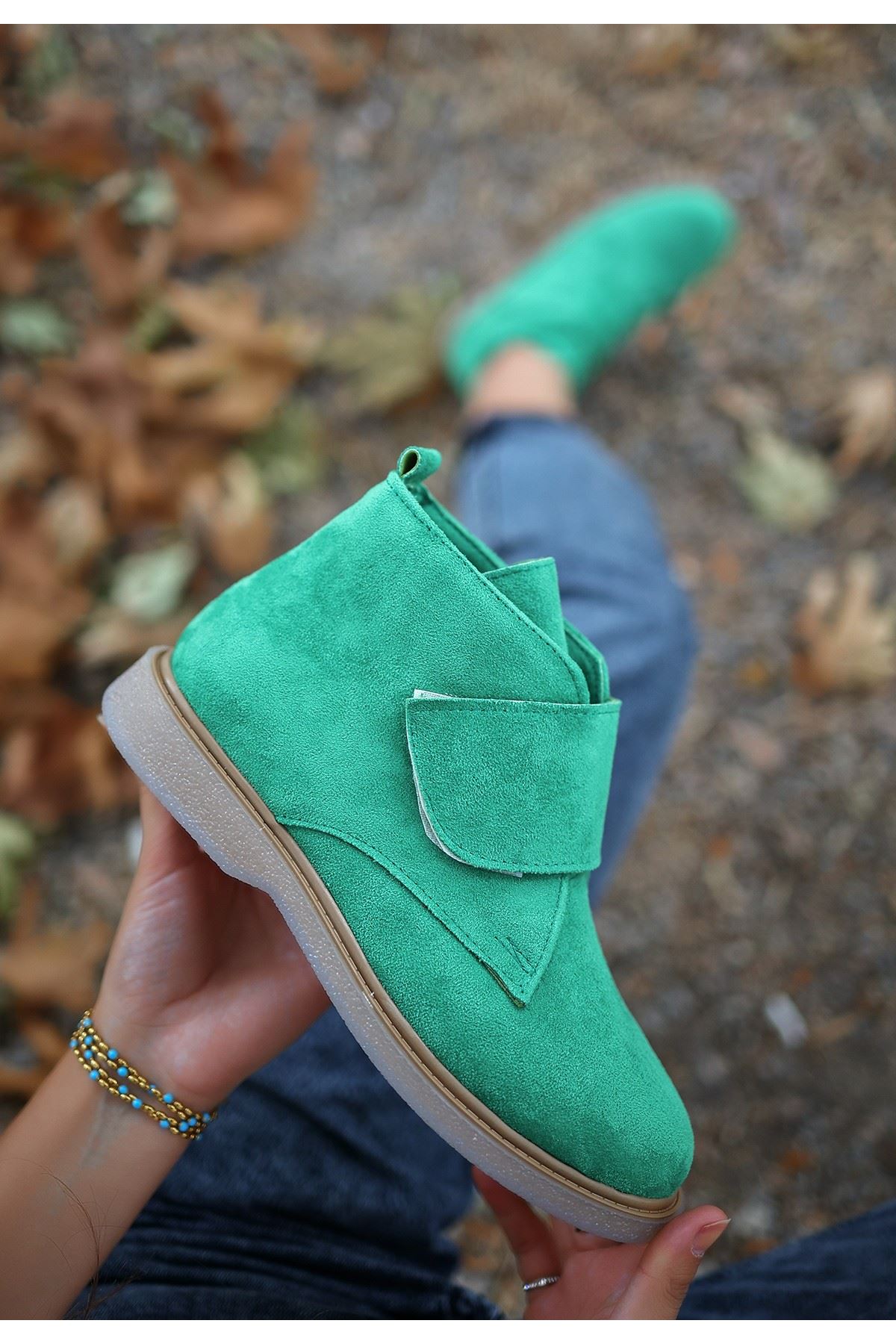 Mida Shoes Zeon Yeşil Süet Bağcıklı Kadın Bot
