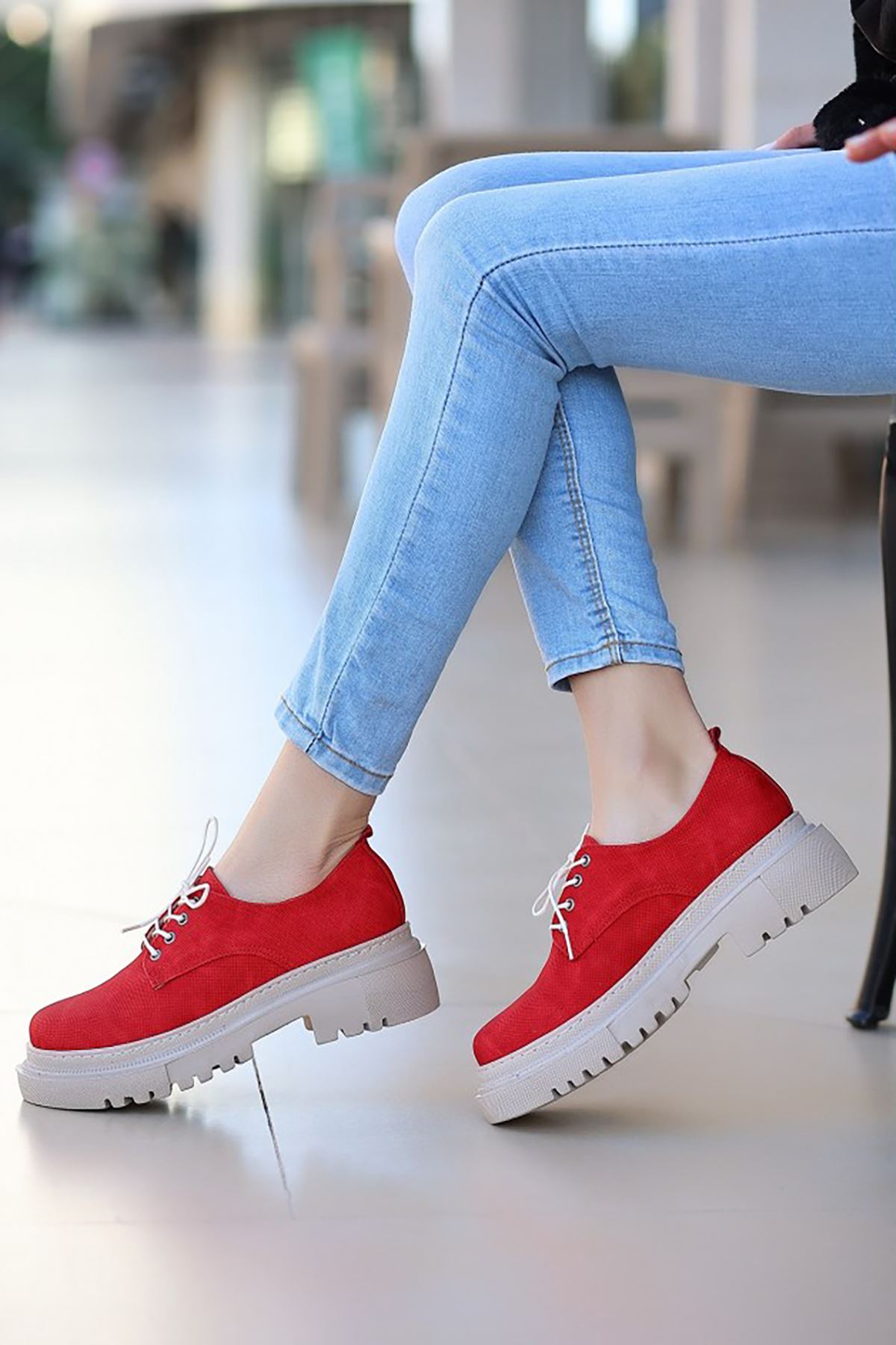 ERBTERİ Teri Kırmızı Deri Spor Bayan Sneakers