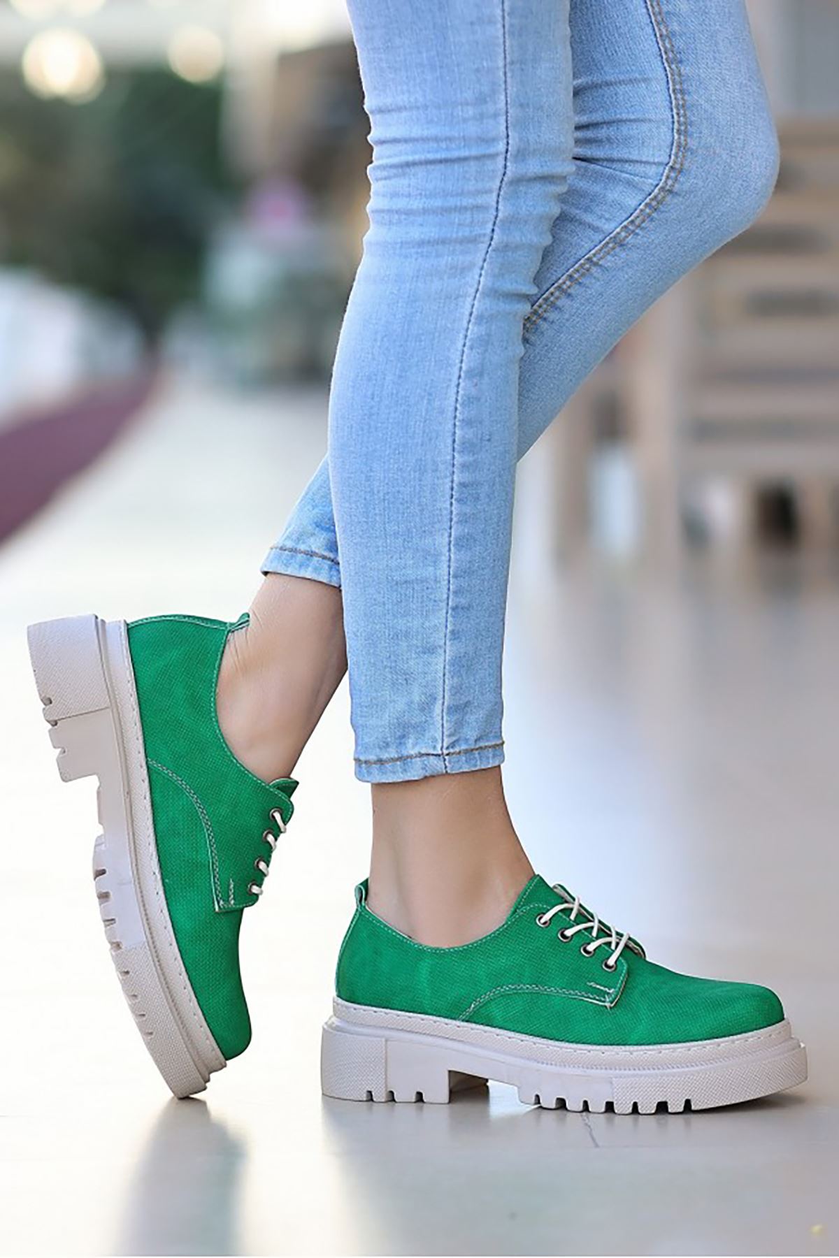 ERBTERİ Teri Yeşil Deri Desenli Spor Bayan Sneakers
