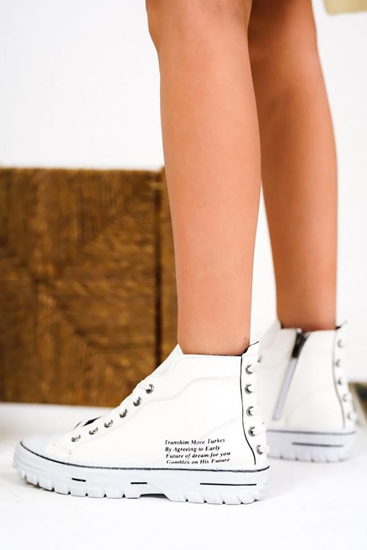 ERBERİCA Beyaz Deri Bayan Sneaker Bağcıklı Bot