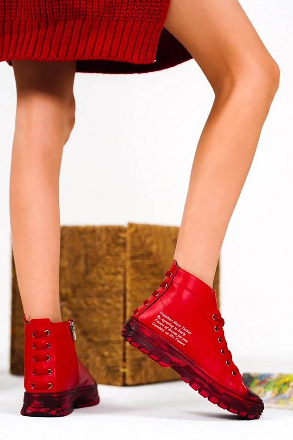ERBERİCA Kırmızı Deri Bayan Sneaker Bağcıklı Bot