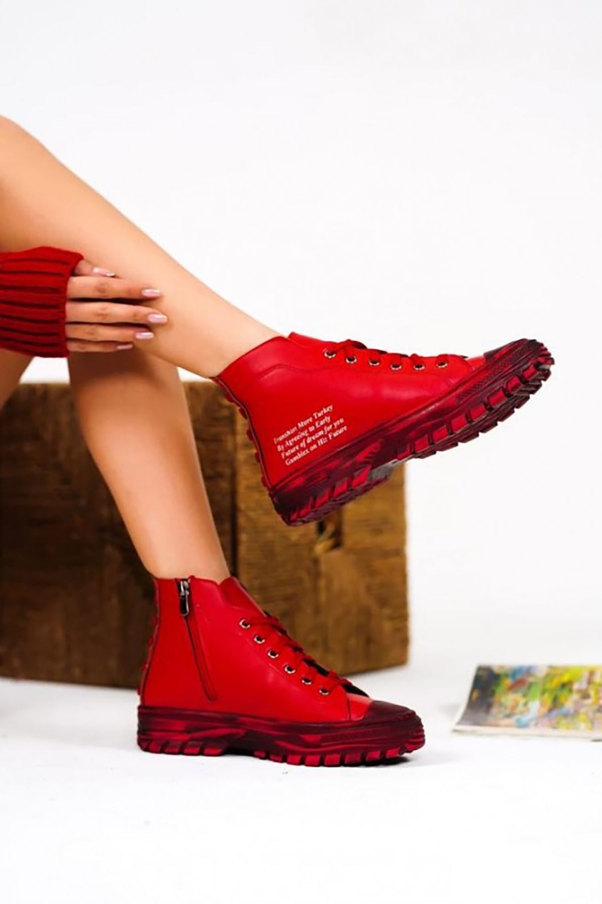ERBERİCA Kırmızı Deri Bayan Sneaker Bağcıklı Bot