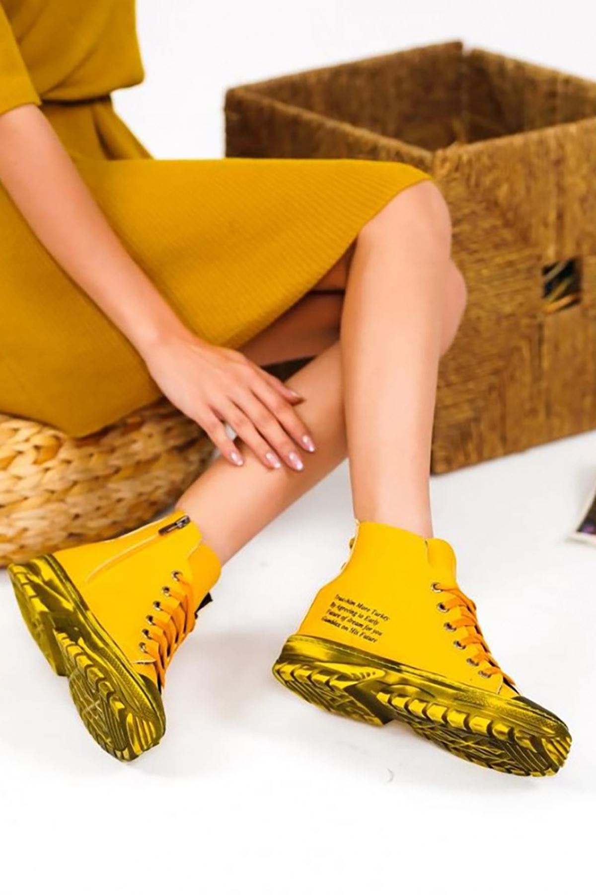 ERBERİCA Sarı Deri Bayan Sneaker Bağcıklı Bot
