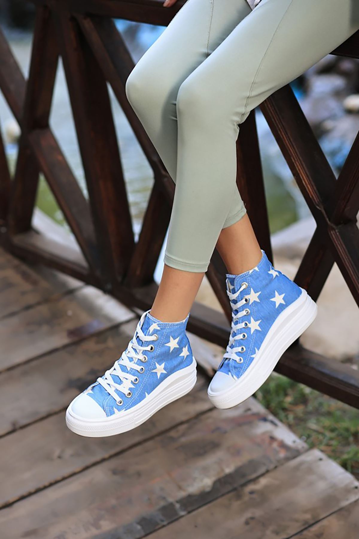 ERBNİKY Bebe Mavisi Kot Yıldızlı Bayan Bağcıklı Spor Ayakkabı