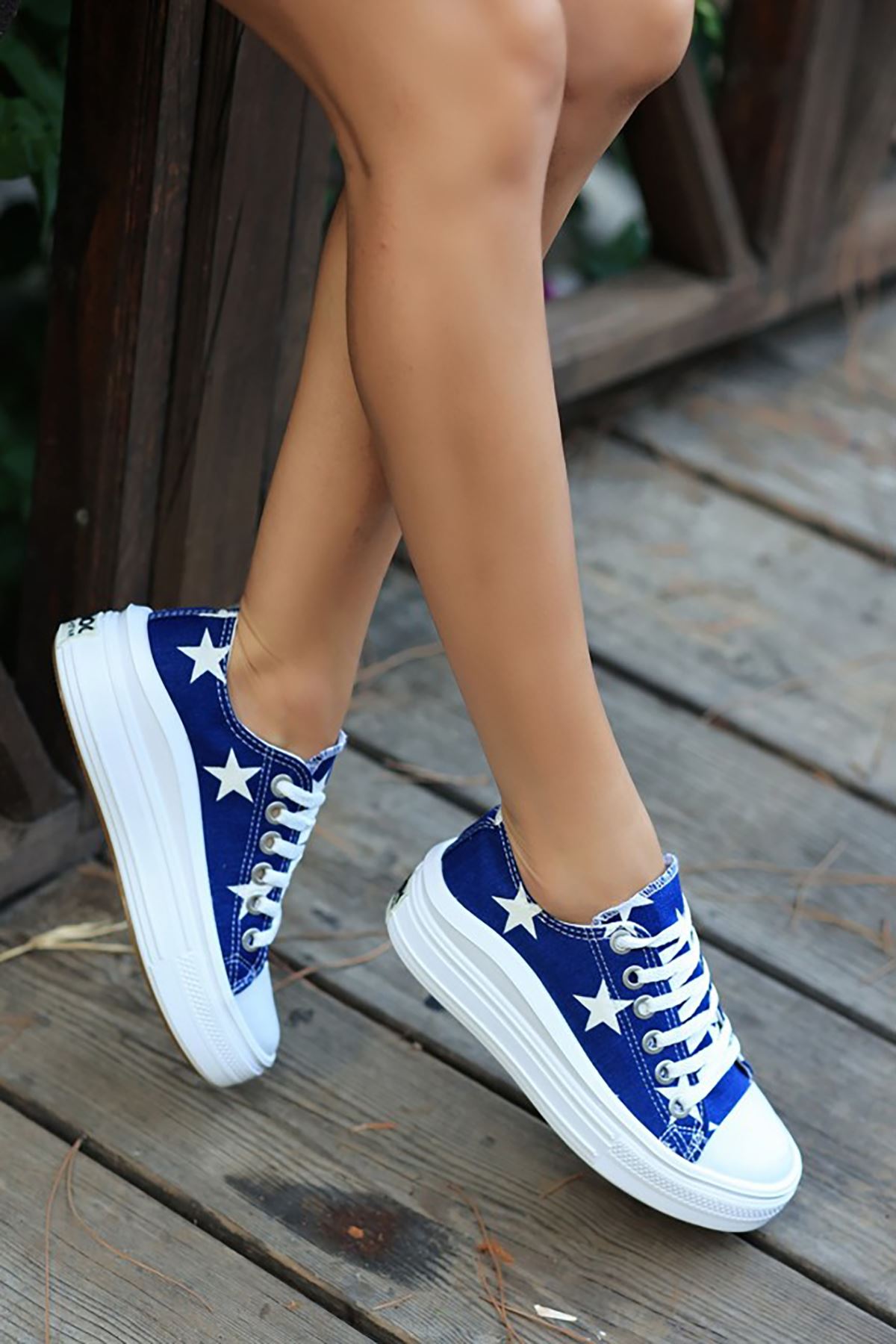 ERBRAUL Mavi Kot Yıldızlı Bayan Bağcıklı Spor Ayakkabı