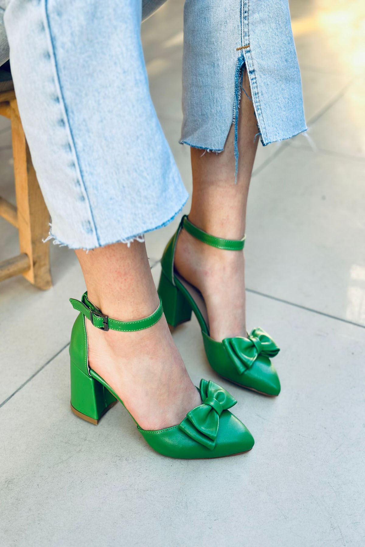 Mida Shoes Y107 Yeşili Deri Topuklu Ayakkabı