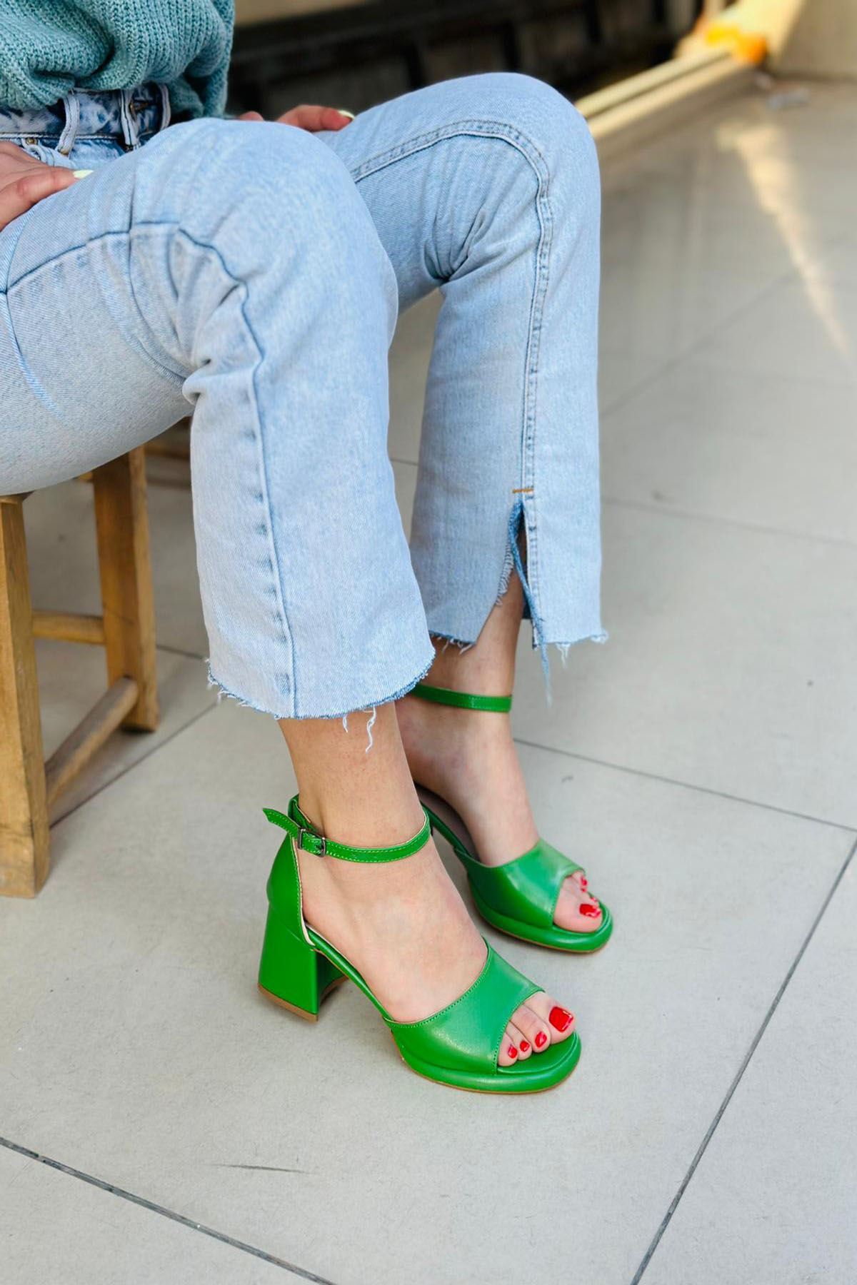 Mida Shoes Y170 Yeşil Deri Kadın Topuklu Ayakkabı