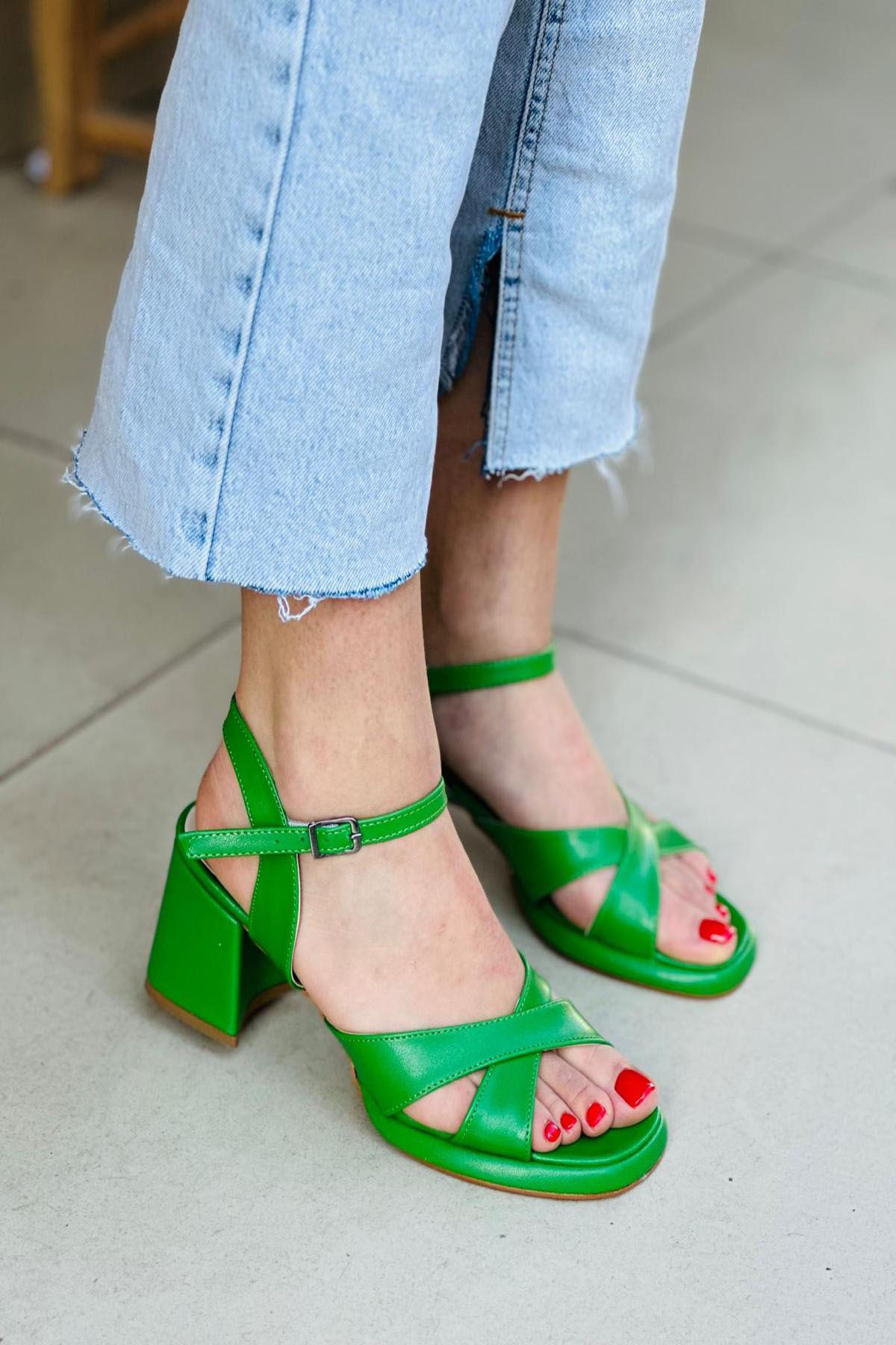 Mida Shoes Y171 Yeşil Deri Çapraz Bantlı Kadın Topuklu Ayakkabı