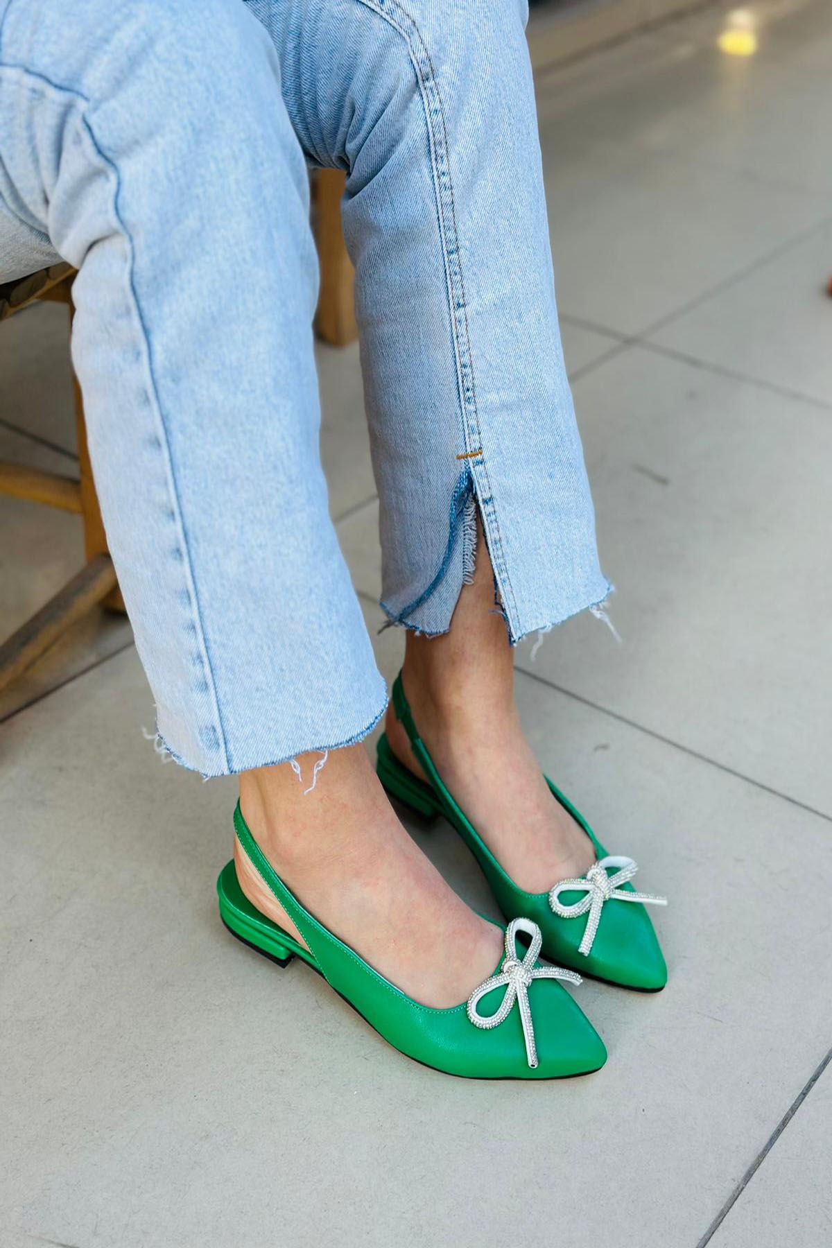 Mida Shoes YLİSA Yeşil Deri Topuklu Kadın Babet