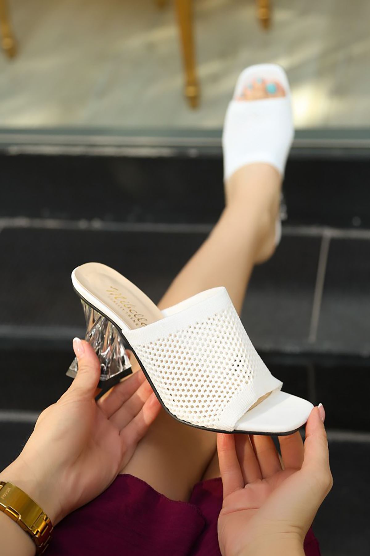 Mida Shoes ERBAkva Beyaz Triko Şeffaf Kadın Topuklu Terlik
