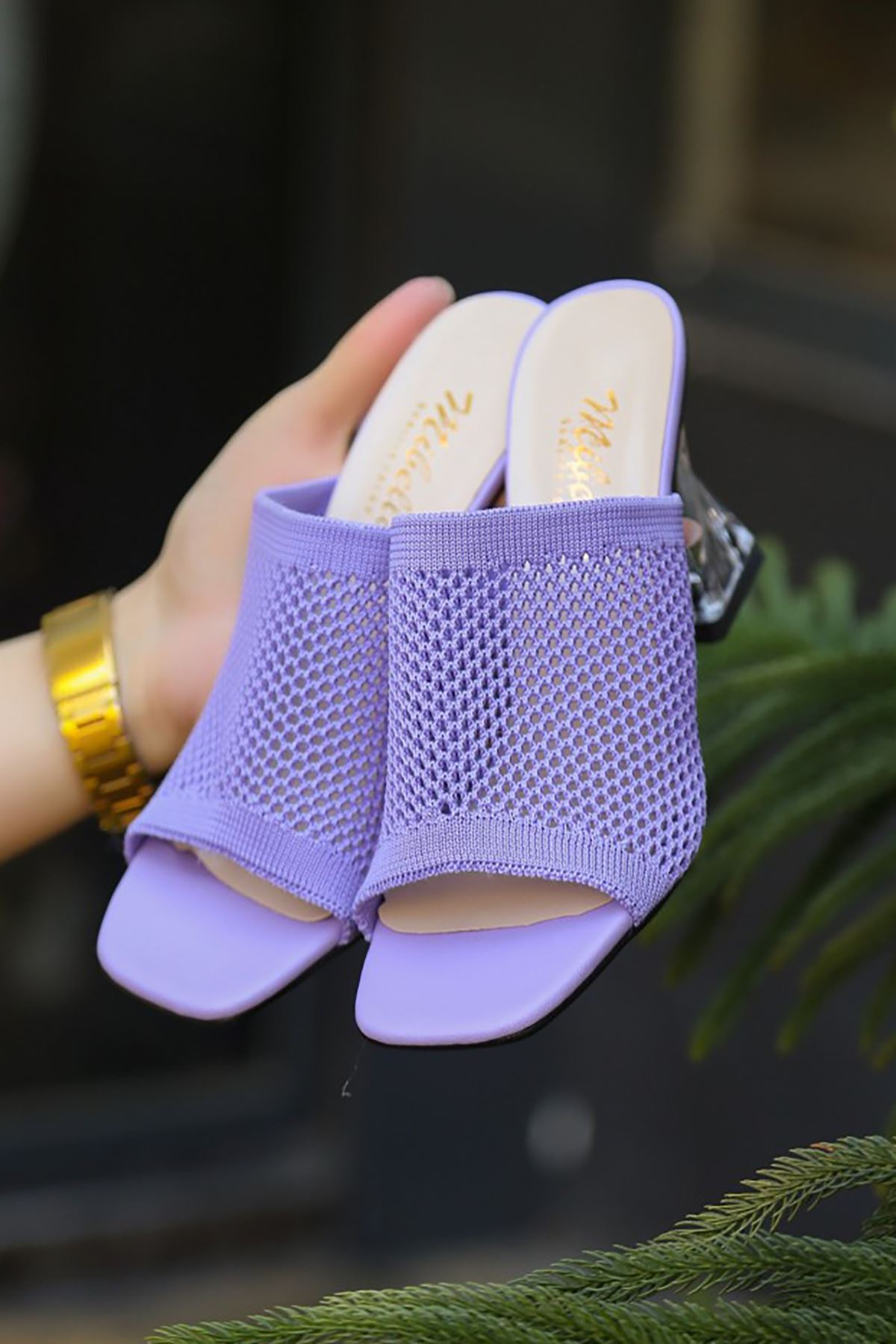 Mida Shoes ERBAkva Lila Triko Şeffaf Kadın Topuklu Terlik