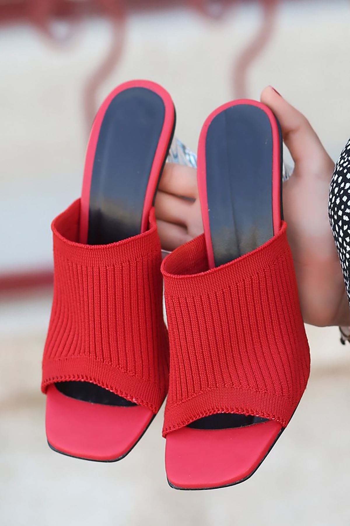 Mida Shoes ERBEvra Kırmızı Triko Kadın Topuklu Terlik