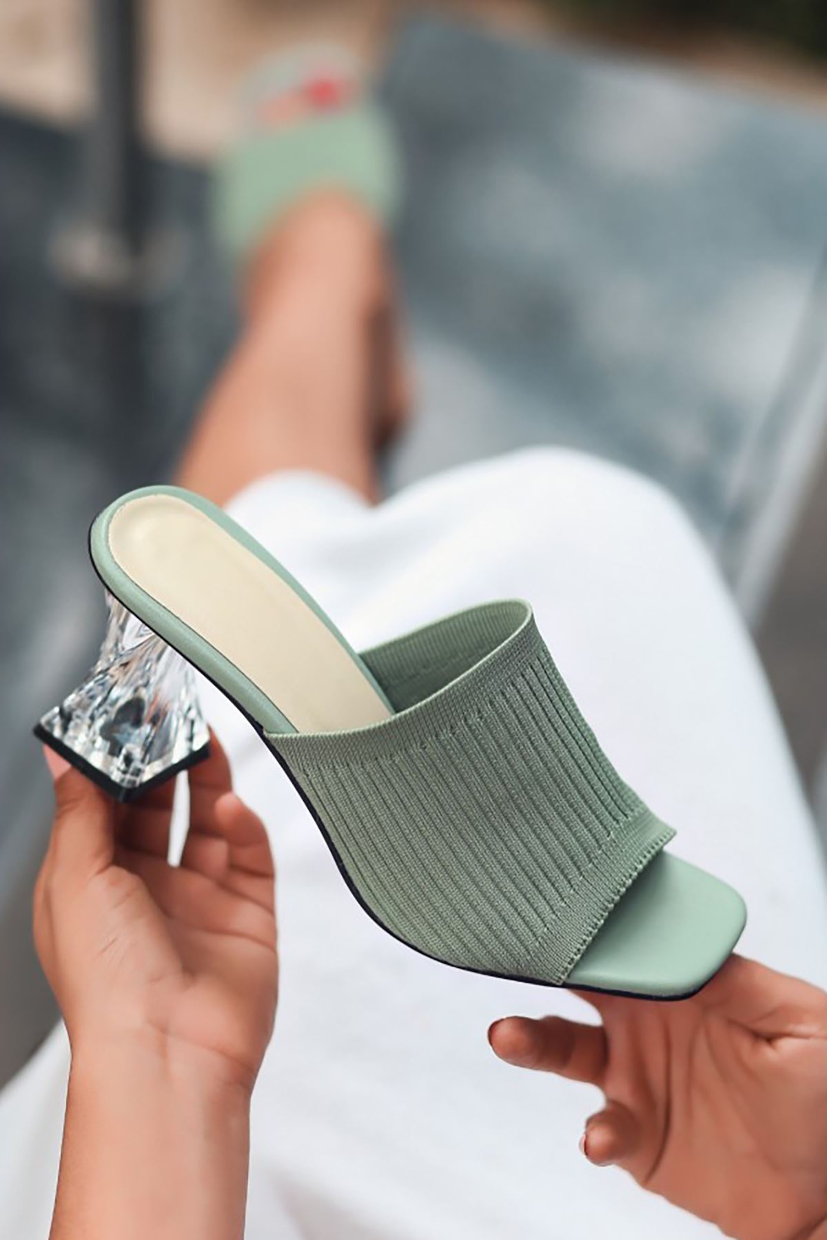 Mida Shoes ERBEvra Mint Yeşili Triko Kadın Topuklu Terlik
