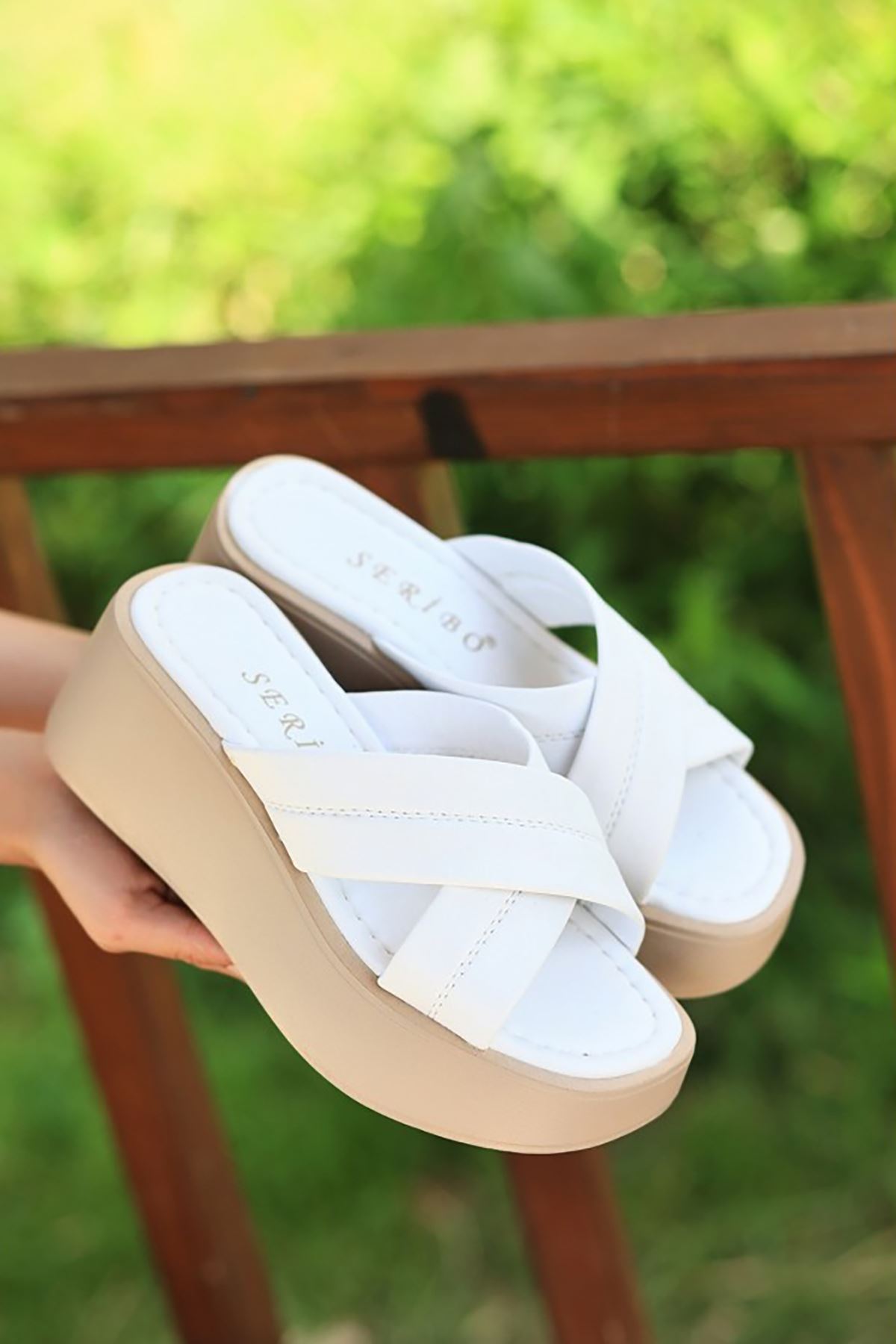 Mida Shoes ERBOben Beyaz Deri Kadın Dolgu Topuk Terlik