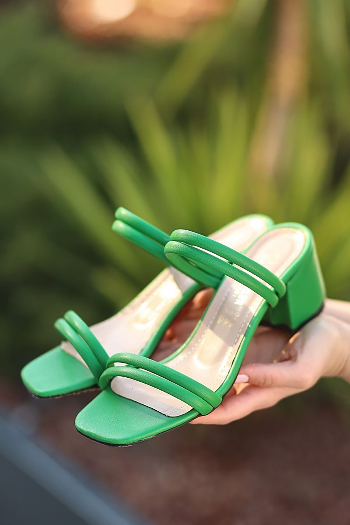 Mida Shoes ERBRenti Yeşil Deri Kadın Topuklu Terlik